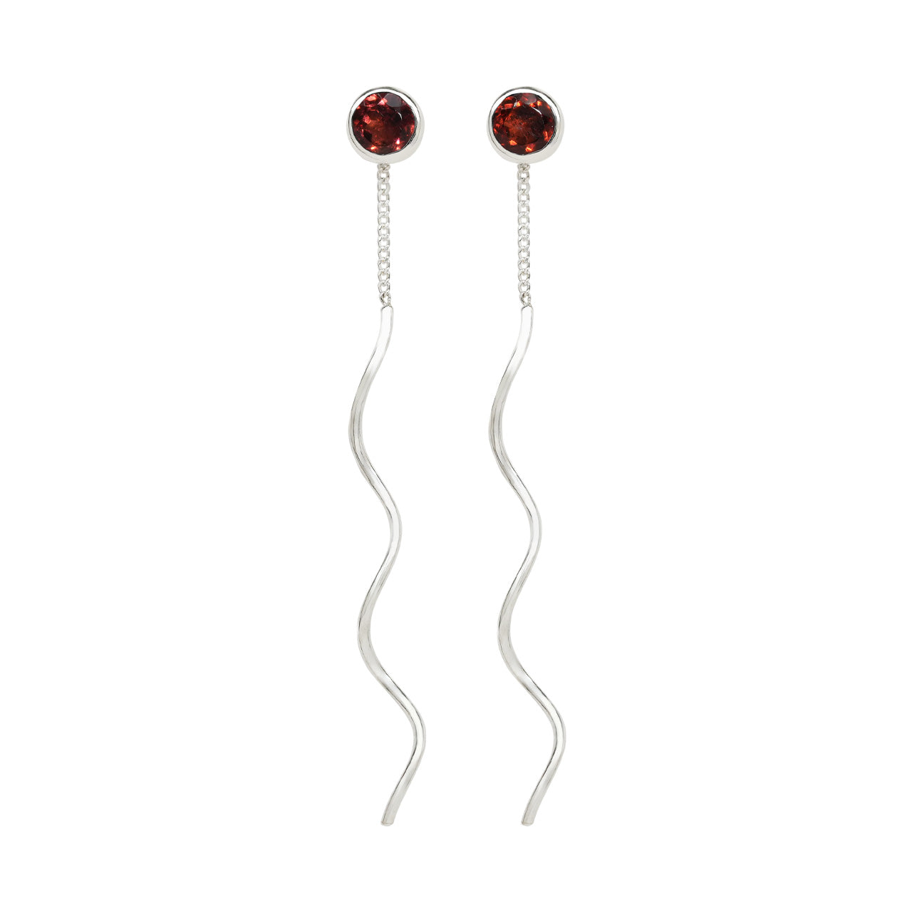 Starborn Faceted Garnet Stud Earrings with Flowing Curled Wire Drop in Sterling Silver