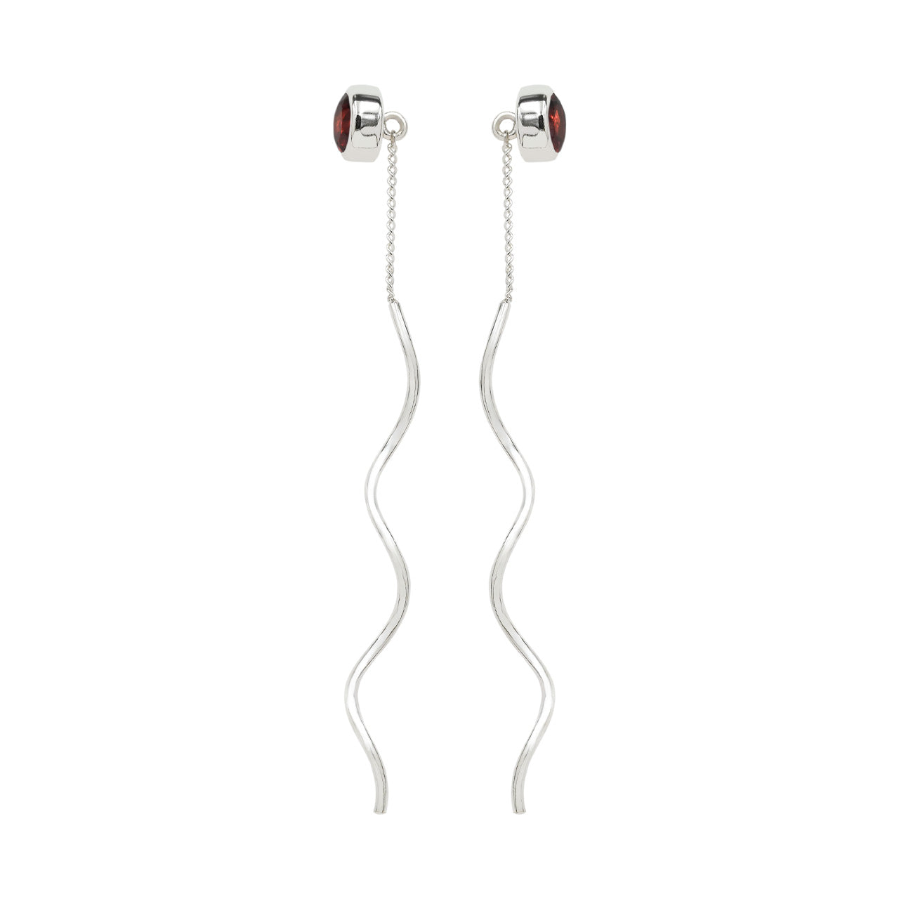 Starborn Faceted Garnet Stud Earrings with Flowing Curled Wire Drop in Sterling Silver