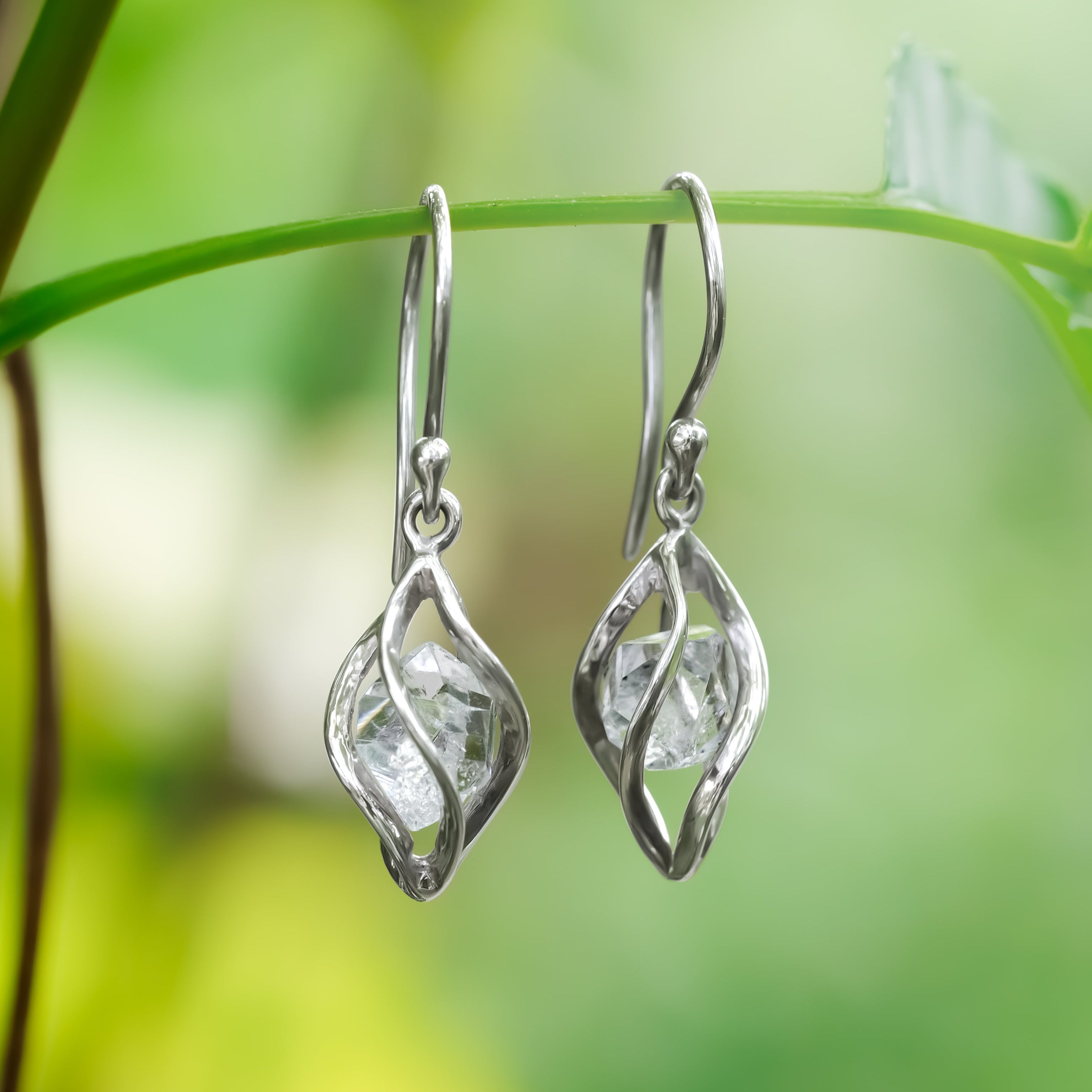 Starborn Sterling Silver cage set natural Herkimer Diamond Quartz Earrings