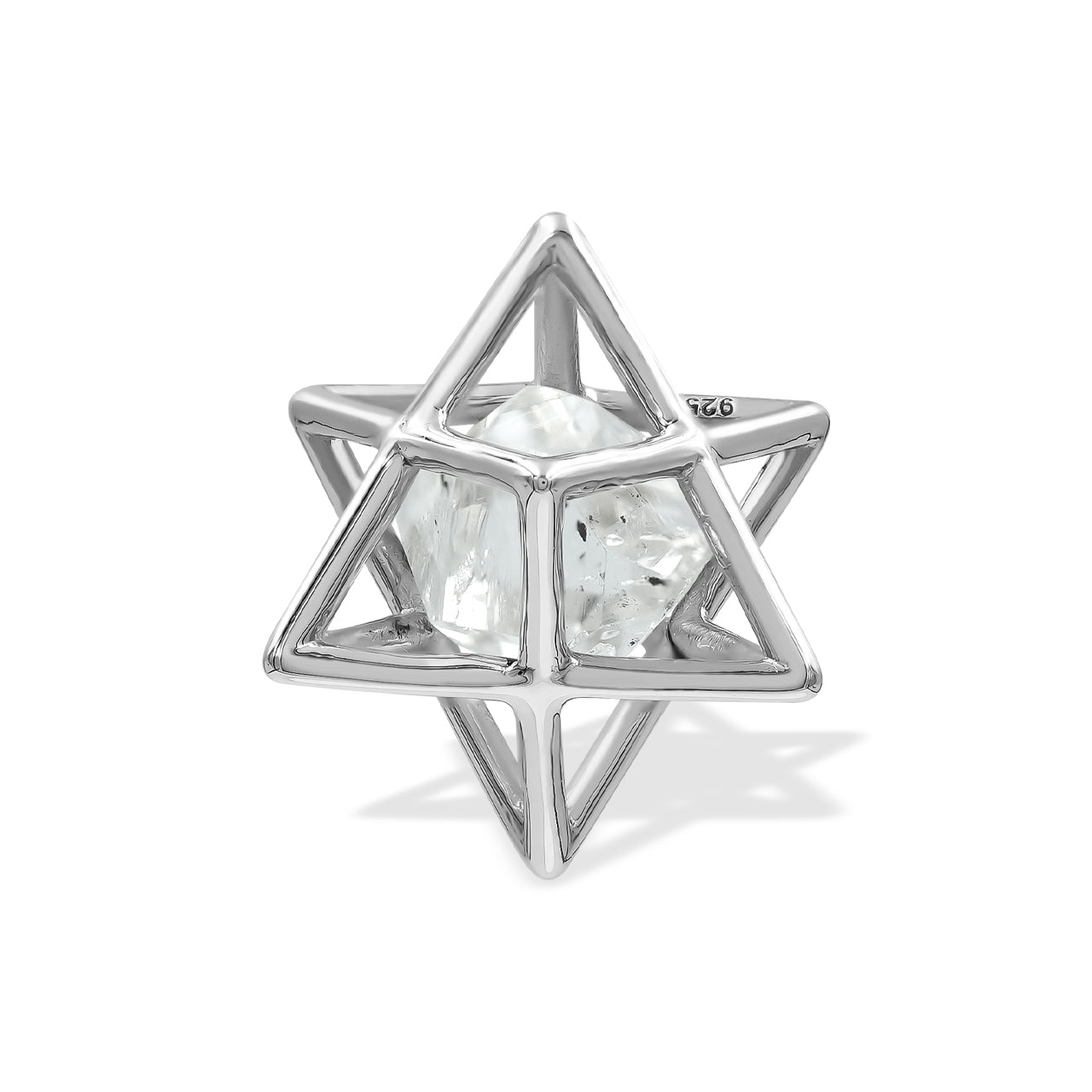 Starborn Natural Raw Herkimer Diamond (Quartz Crystal) in Merkabah Sterling Silver Cage Pendant and Chain