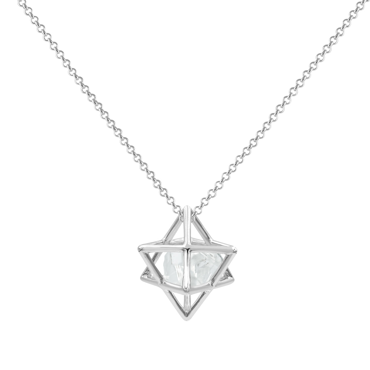 Starborn Natural Raw Herkimer Diamond (Quartz Crystal) in Merkabah Sterling Silver Cage Pendant and Chain