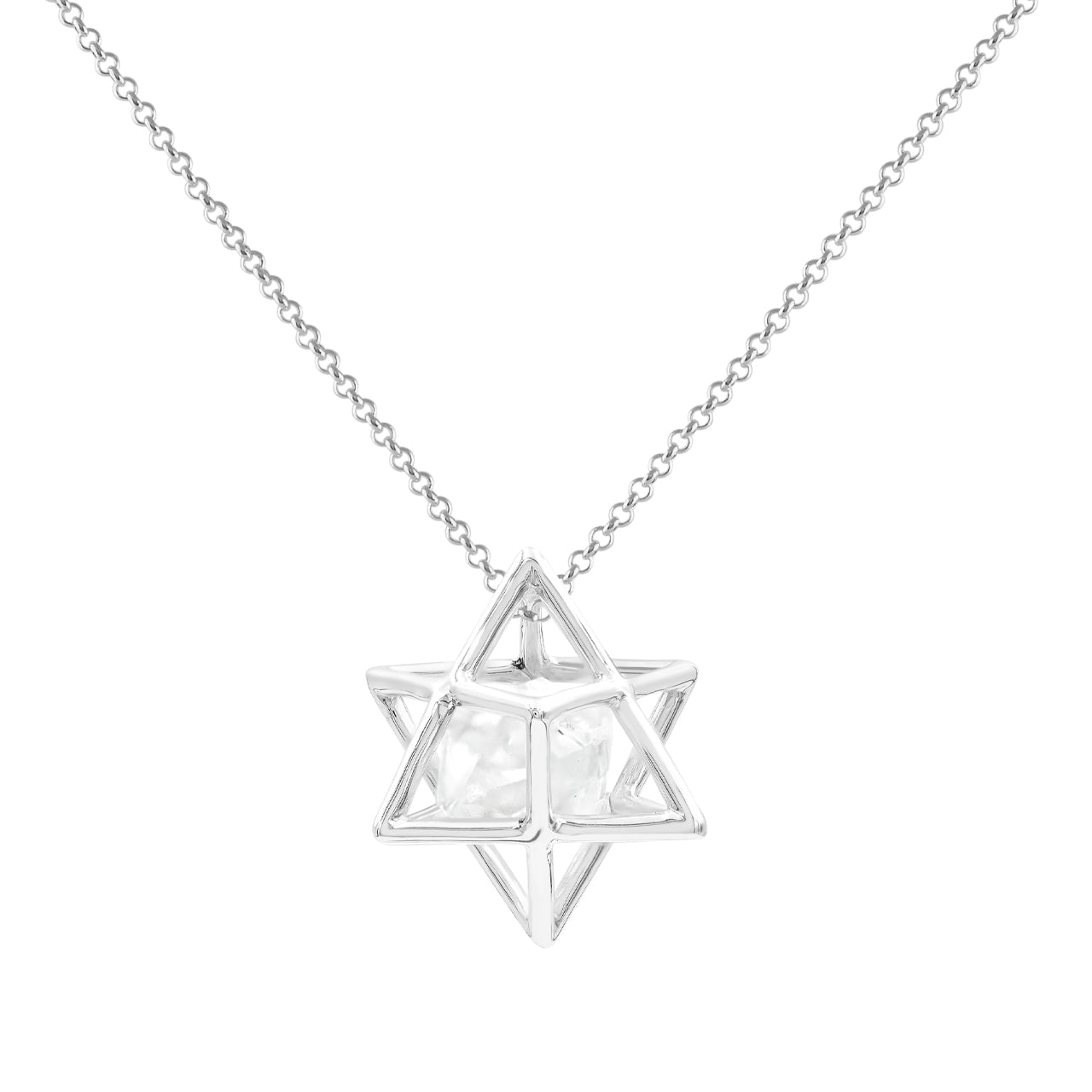 Starborn Natural Raw Herkimer Diamond (Quartz Crystal) in Merkabah Sterling Silver Cage Pendant and Chain