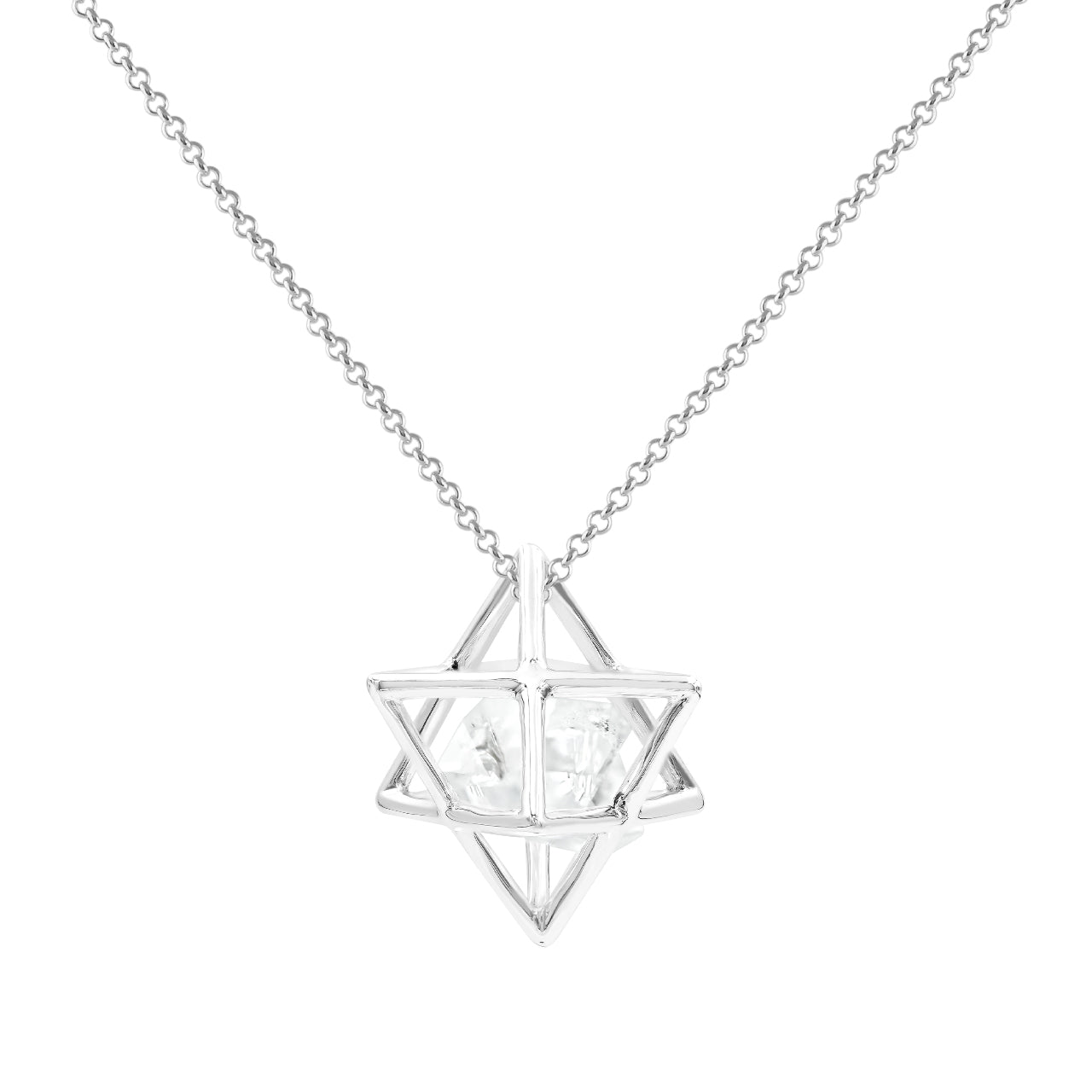 Starborn Natural Raw Herkimer Diamond (Quartz Crystal) in Merkabah Sterling Silver Cage Pendant and Chain
