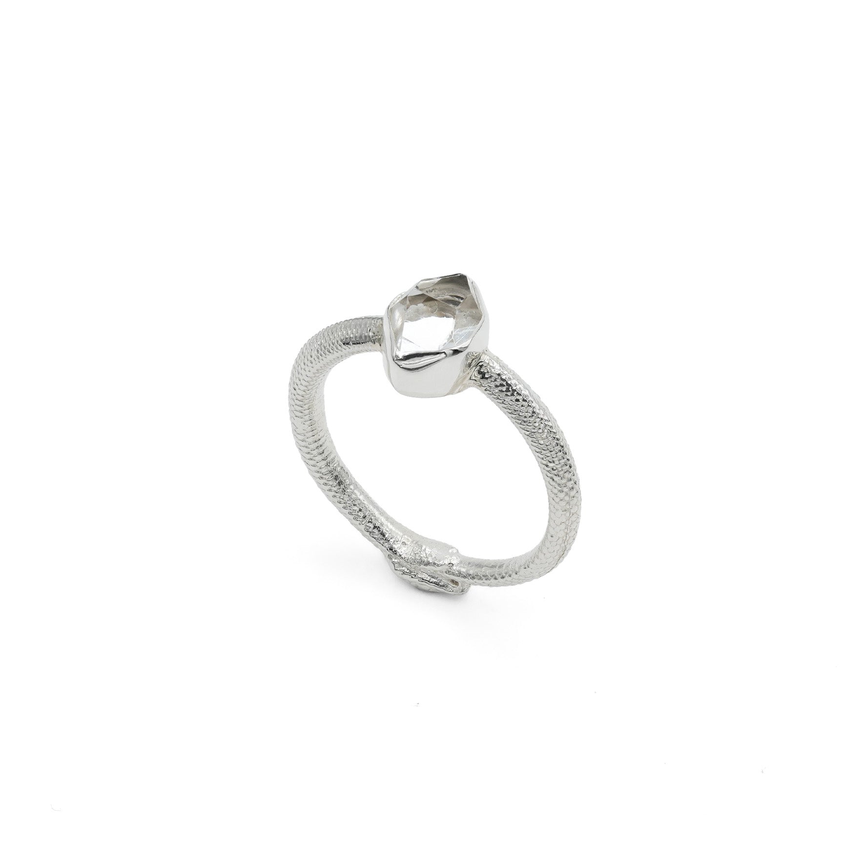 Starborn Ouroboros Ring with Faceted Herkimer Diamond Quartz Crystal in Sterling Silver