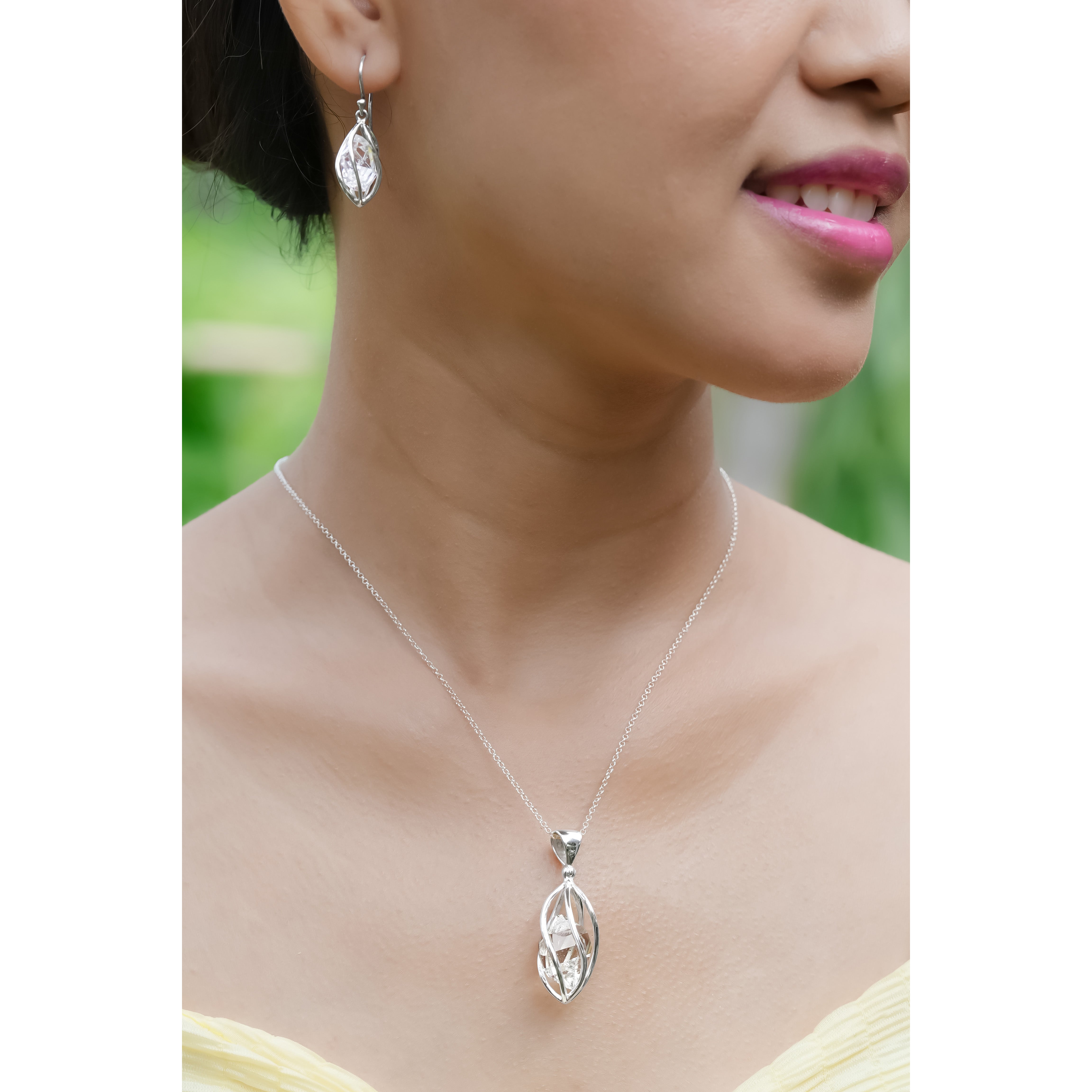 Starborn Sterling Silver natural Herkimer Diamond Quartz Pendant and Earrings with Adjustable 22" Chain