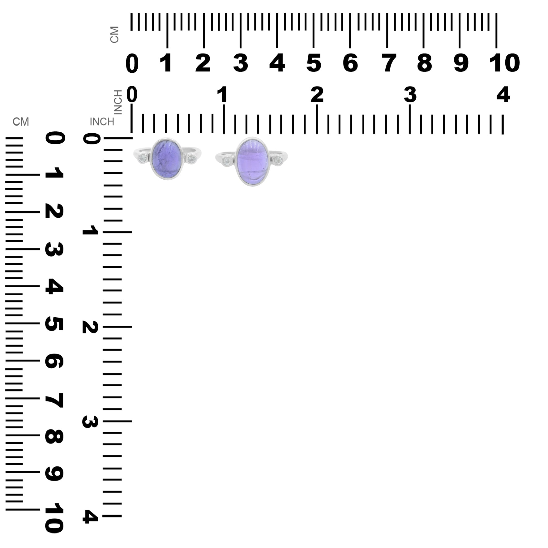 Ring displayed next to a measurement chart showing height and width in centimeters and inches.