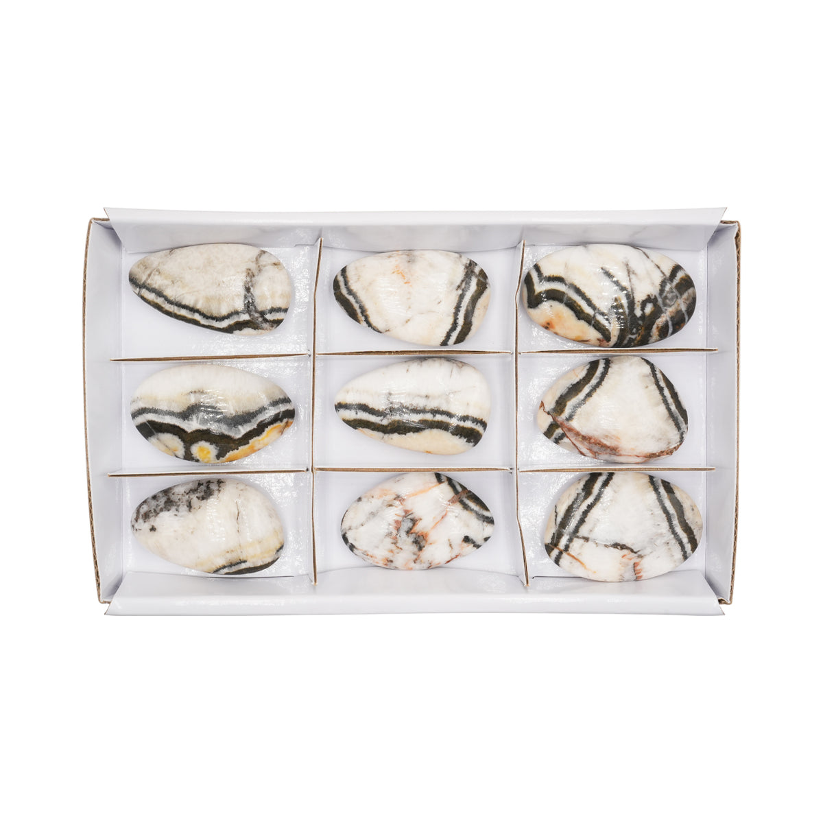 Starborn Indonesian Tiger Calcite Freeform Palm Stone Flat 300 grams - 9 Pieces