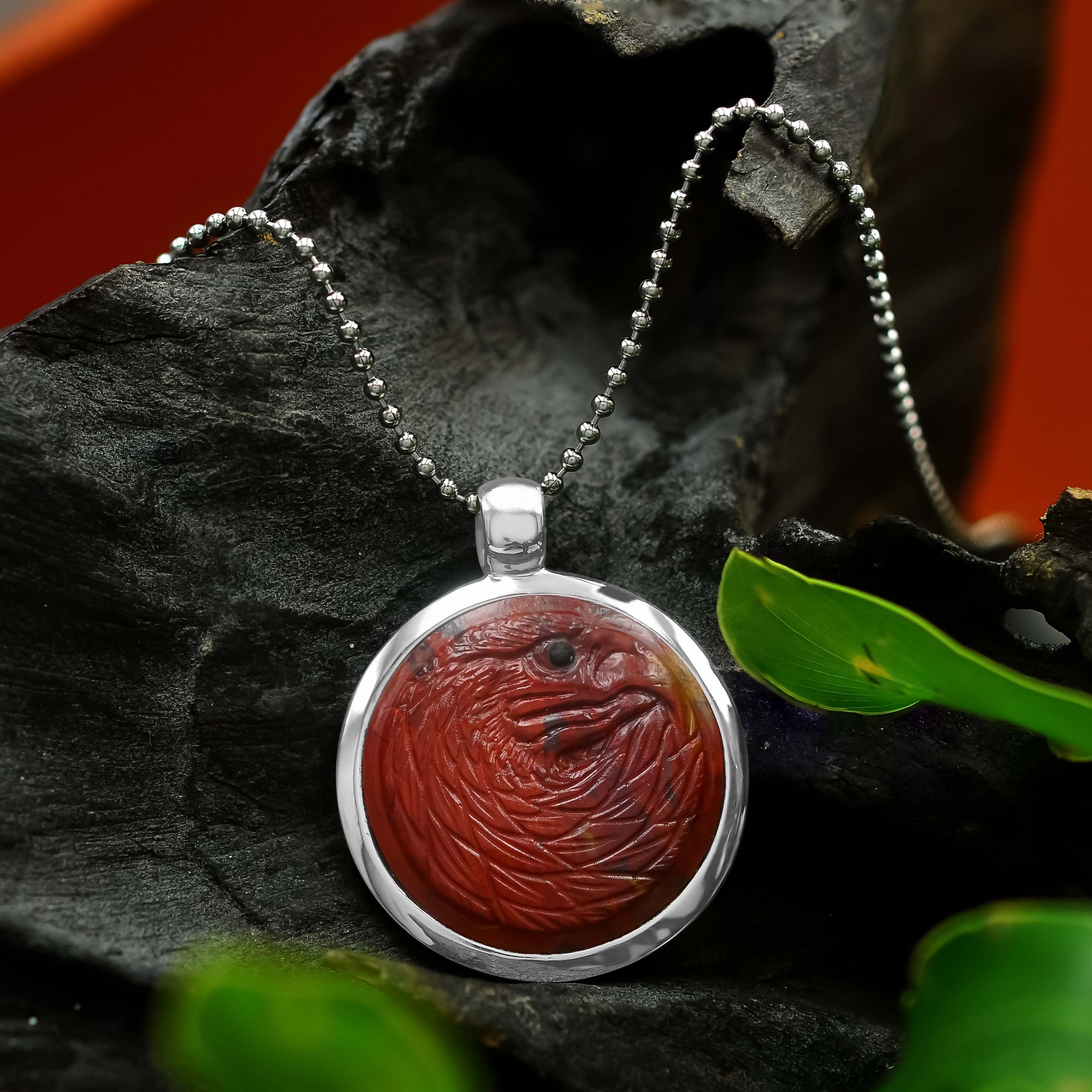 Starborn Jasper Carved Eagle Head Medallion Style Pendant in Sterling Silver