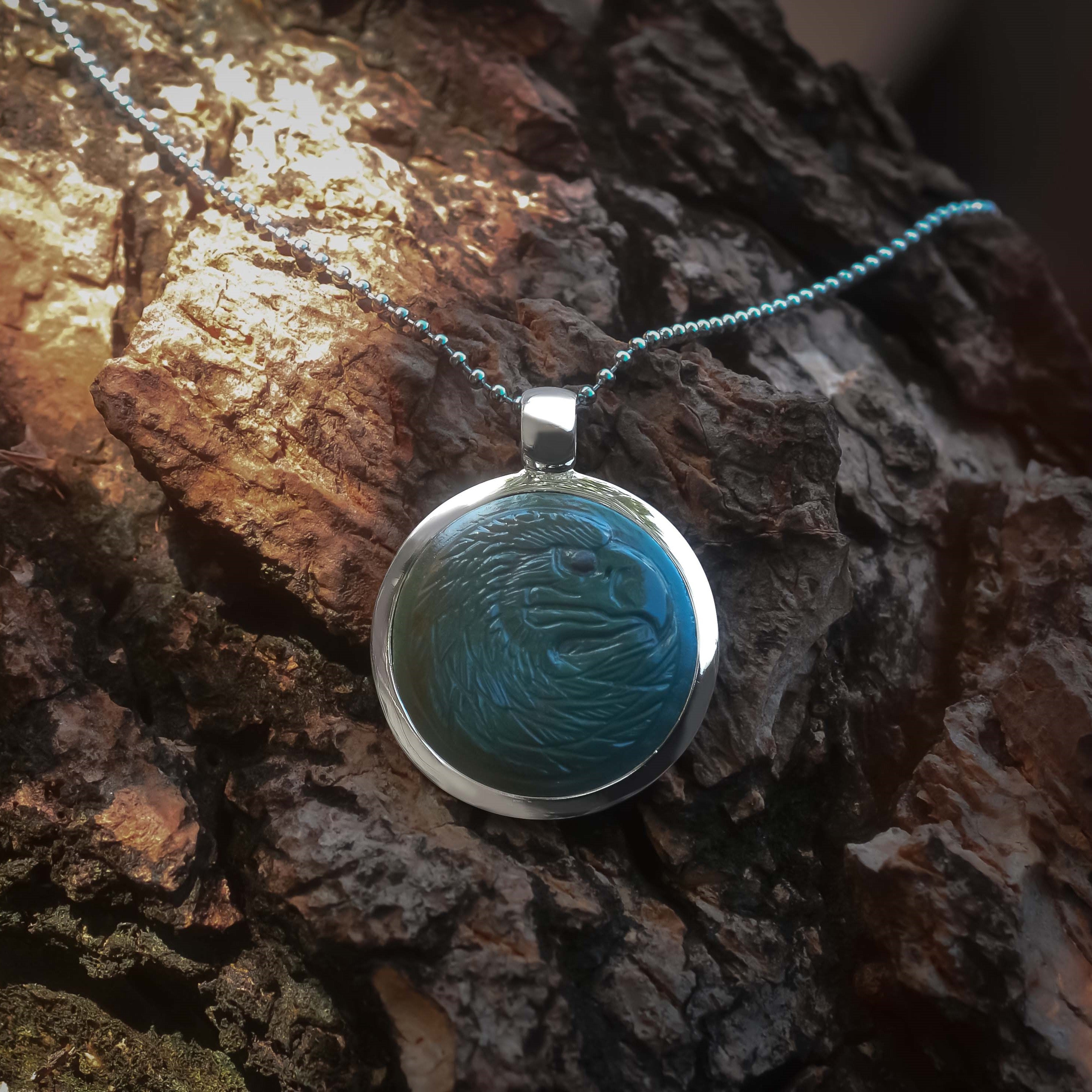 Starborn Jasper Carved Eagle Head Medallion Style Pendant in Sterling Silver