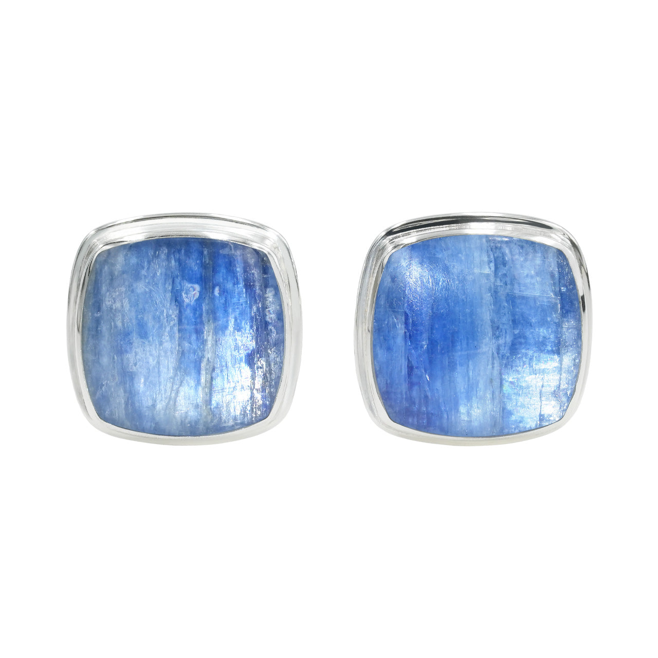 Square kyanite cufflinks in sterling silver, shown front‑facing with blue stones featuring vertical striations set in smooth square bezels.