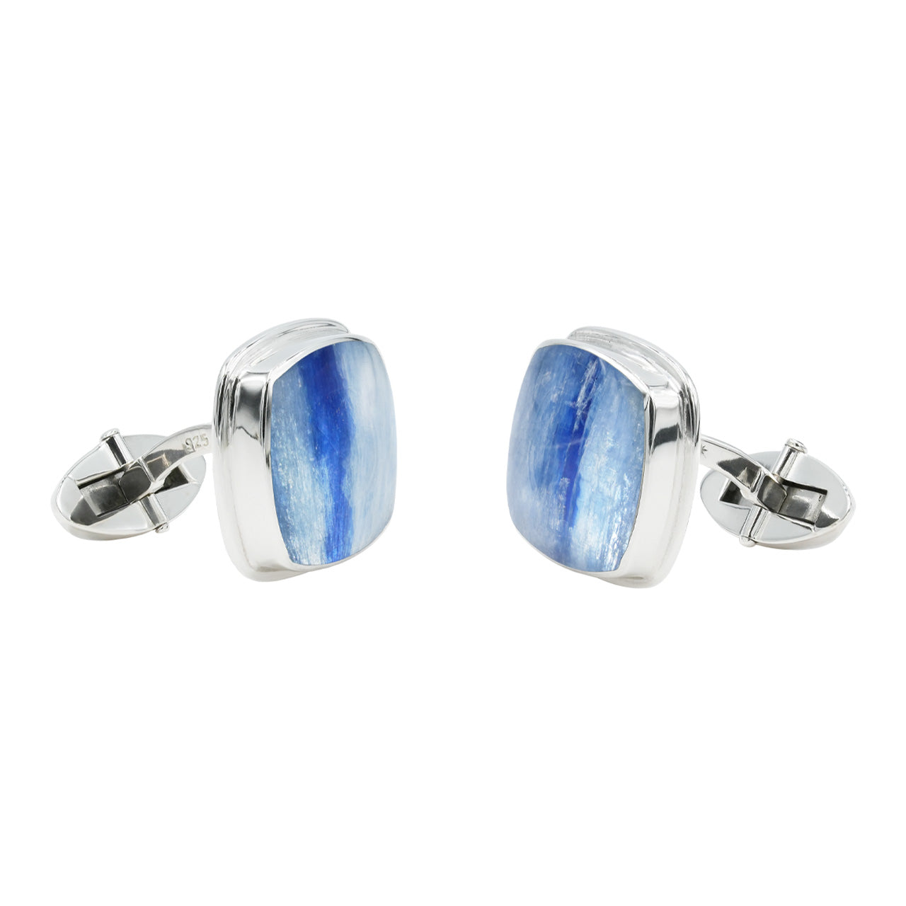 Side view of the cufflinks showing the depth of the square stone settings and the hinge mechanism extending from the back.