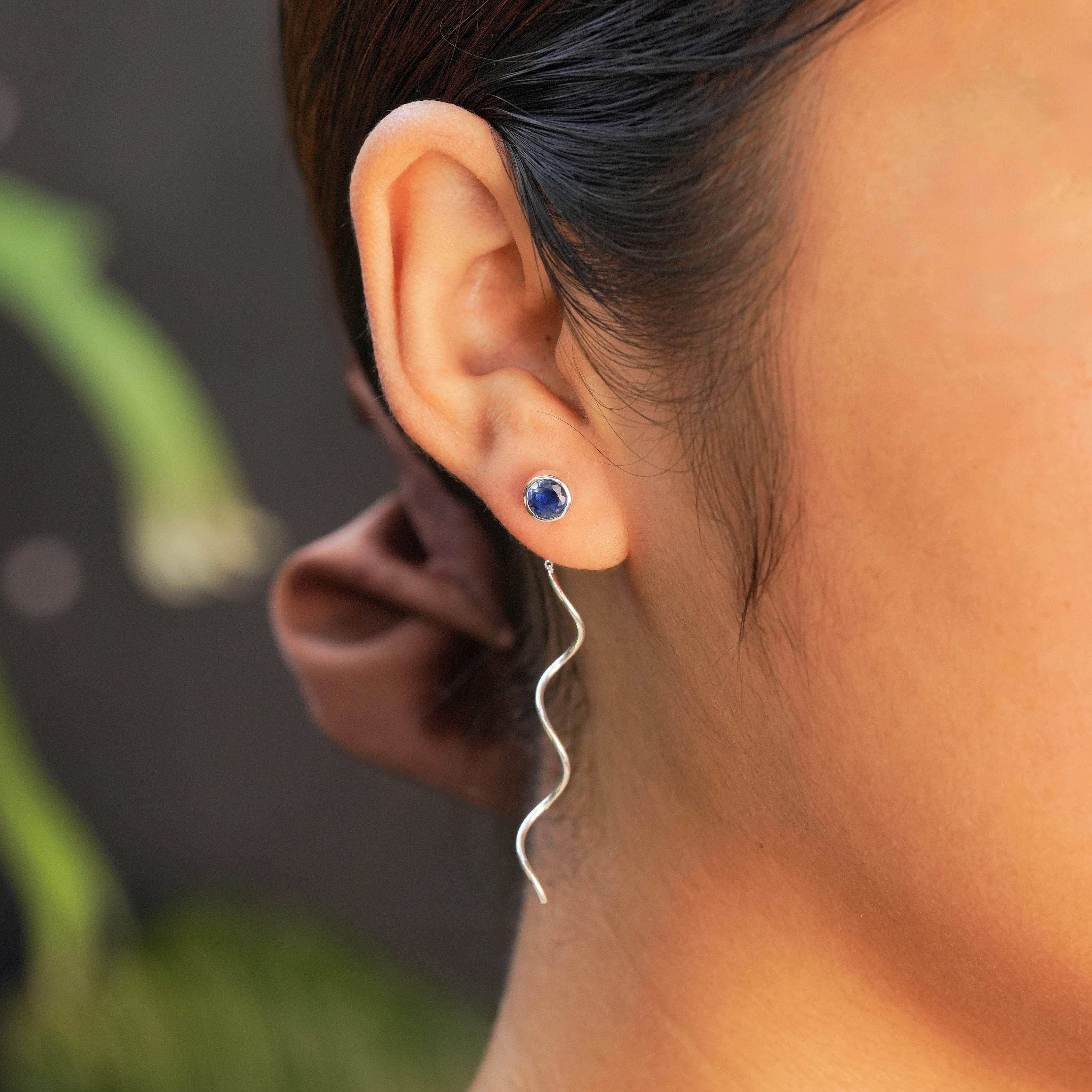 Starborn Faceted Kyanite Stud Earrings with Flowing Curled Wire Drop in Sterling Silver