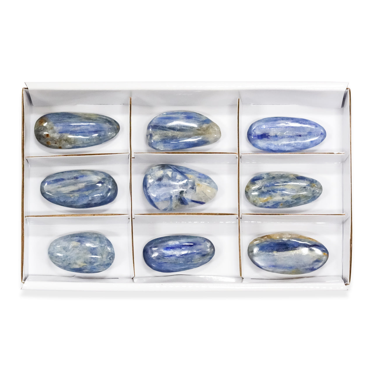 Second front‑facing view of the same set of nine kyanite palm stones, presented in a tray layout showing variation in size, shape, and striated blue patterns.