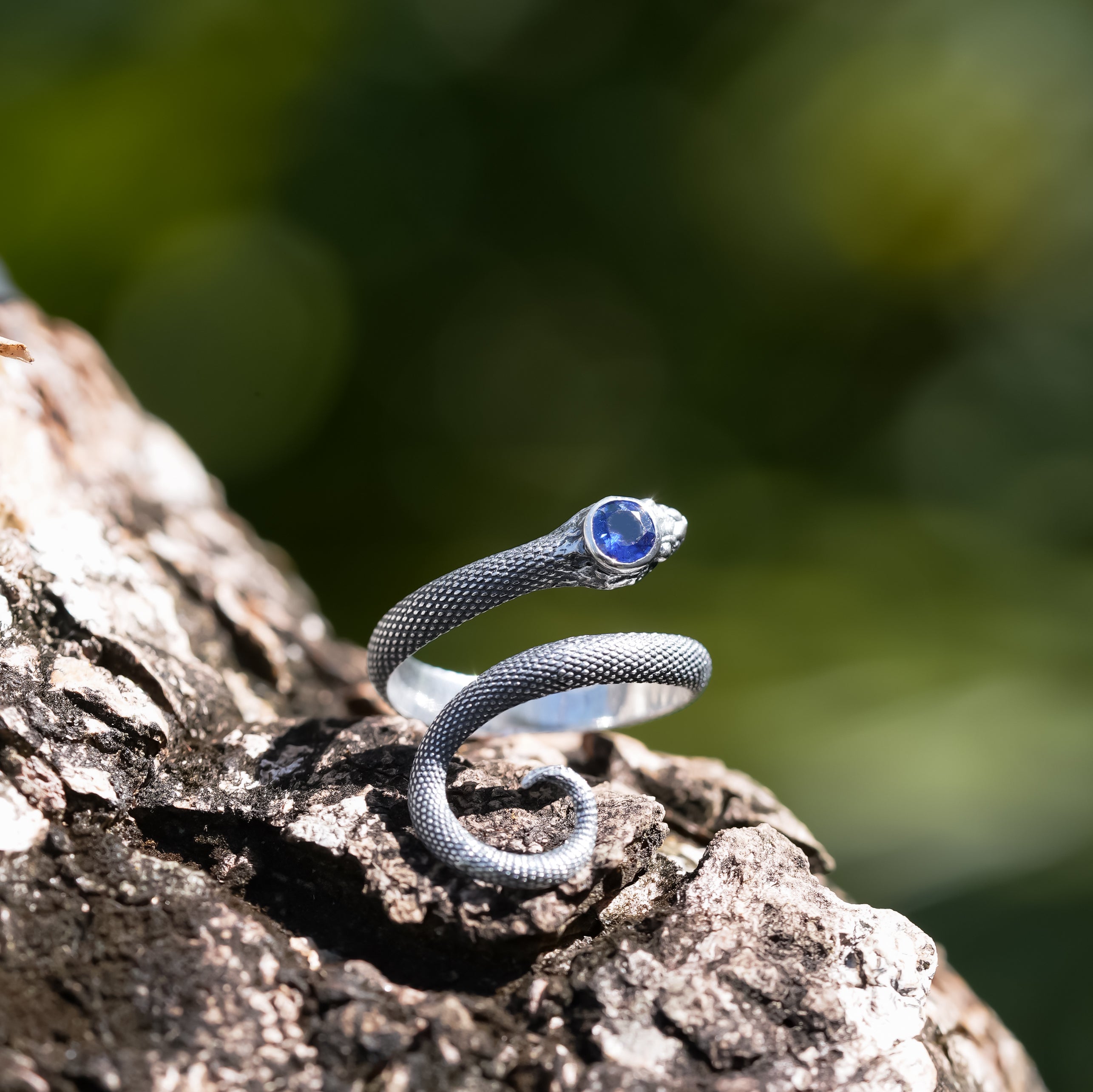 Starborn Coiled Snake Ring with Faceted Kyanite in Sterling Silver