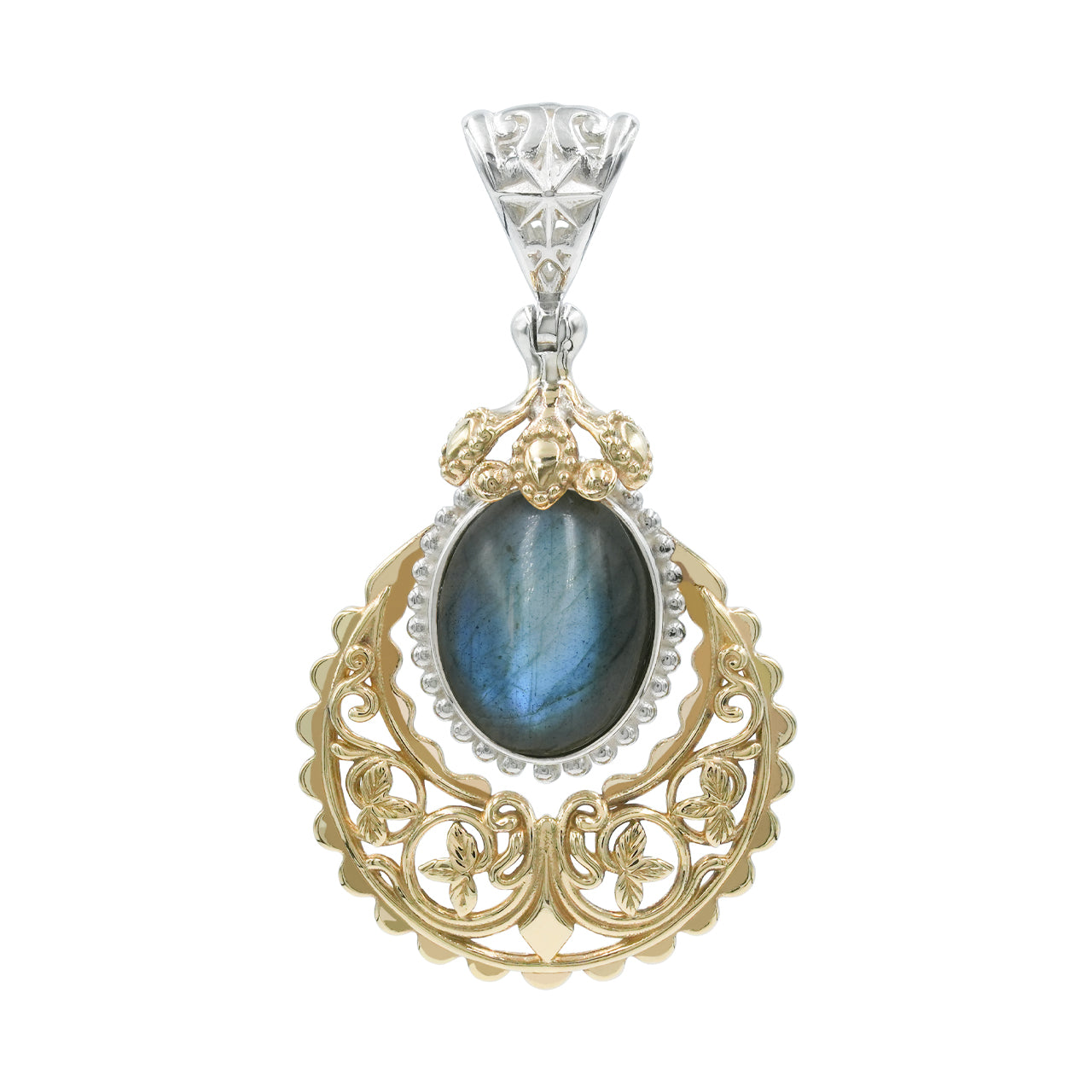 Starborn Labradorite Floral Filigree Scrollwork Pendant in Sterling Silver & Nordic Gold