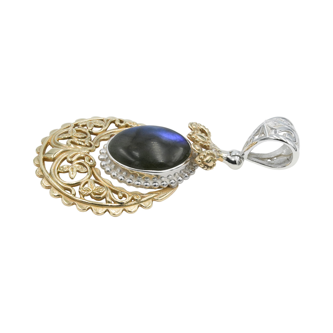Starborn Labradorite Floral Filigree Scrollwork Pendant in Sterling Silver & Nordic Gold