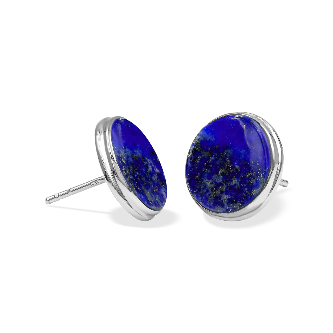 Starborn Lapis Lazuli Round Cabochon Double Bezel Post Earrings in Sterling Silver