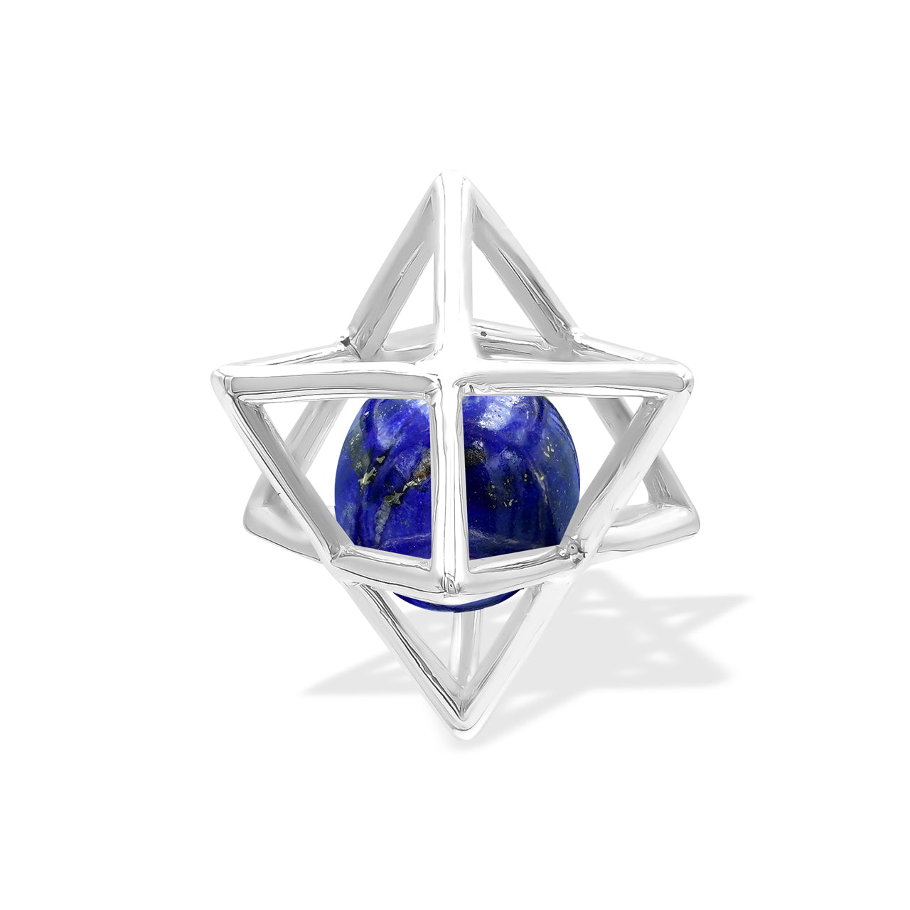 Starborn Merkabah Sterling Silver Cage Pendant and Chain with Lapis Lazuli Sphere