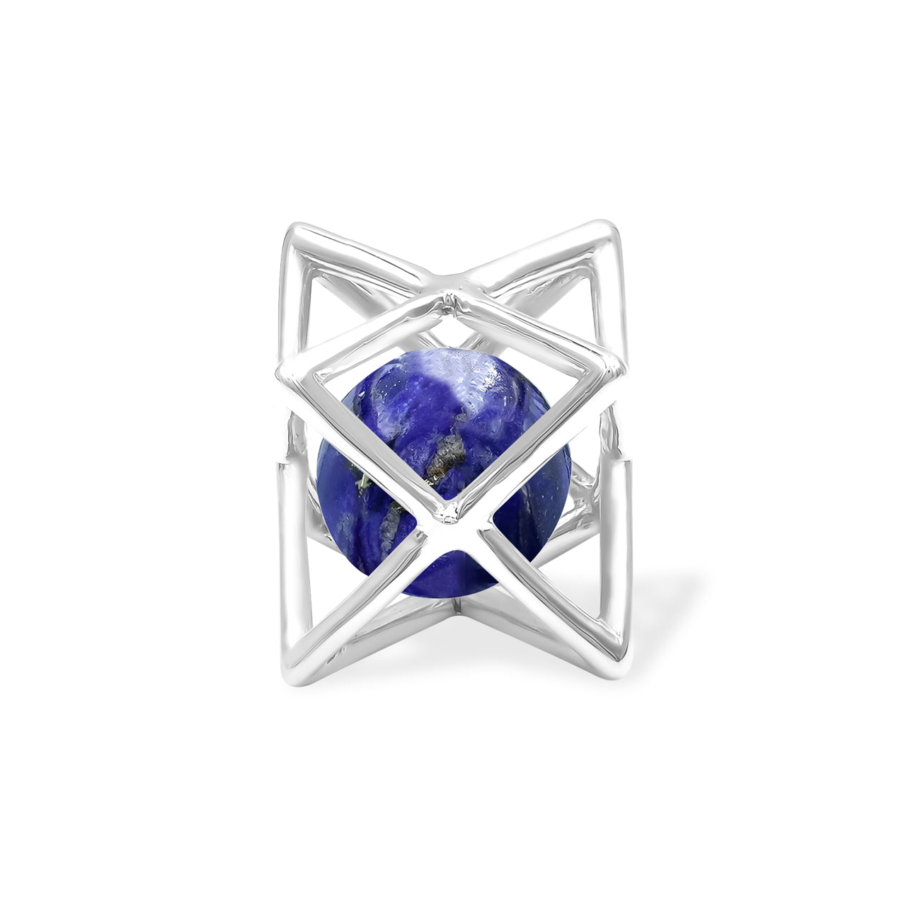 Starborn Merkabah Sterling Silver Cage Pendant and Chain with Lapis Lazuli Sphere