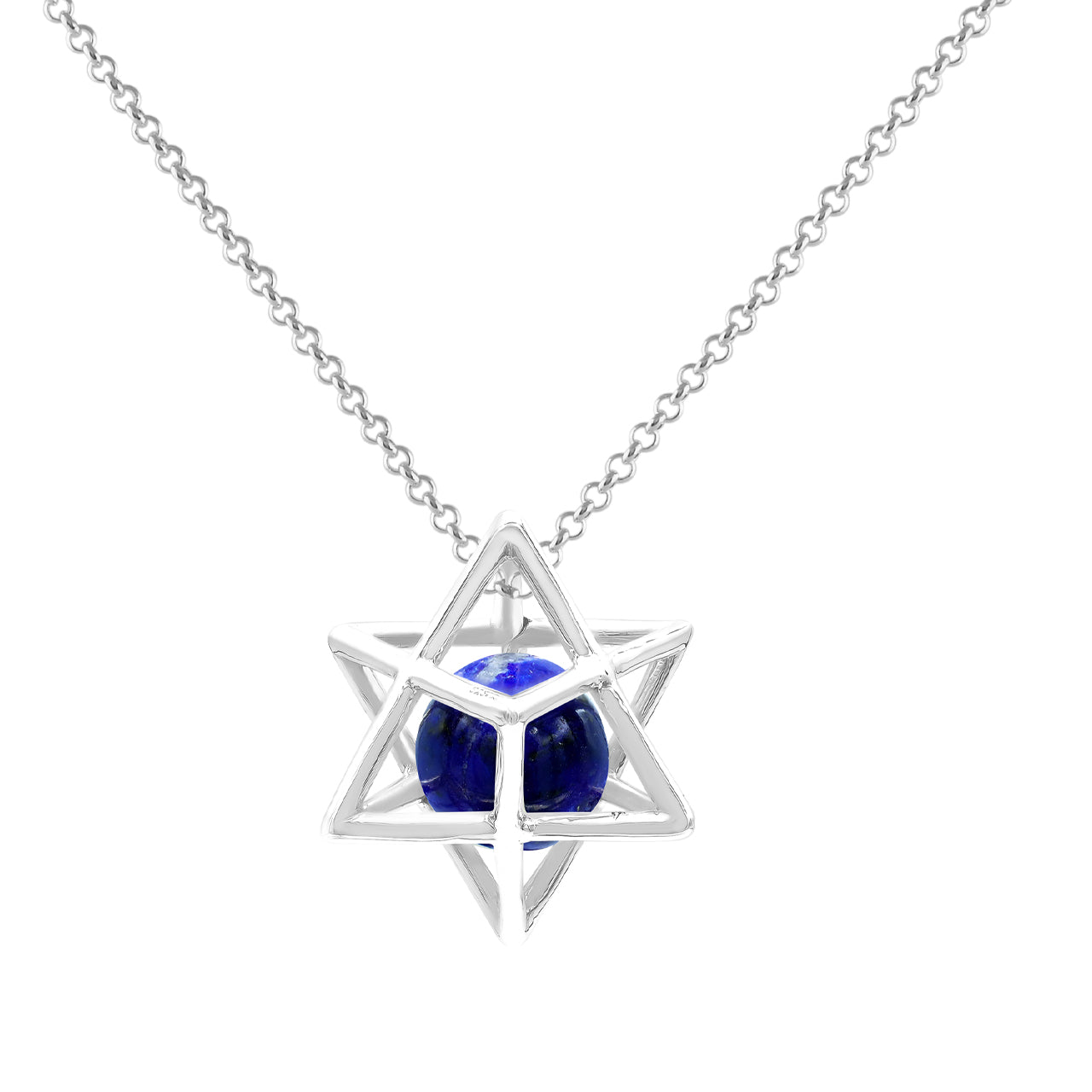 Starborn Merkabah Sterling Silver Cage Pendant and Chain with Lapis Lazuli Sphere