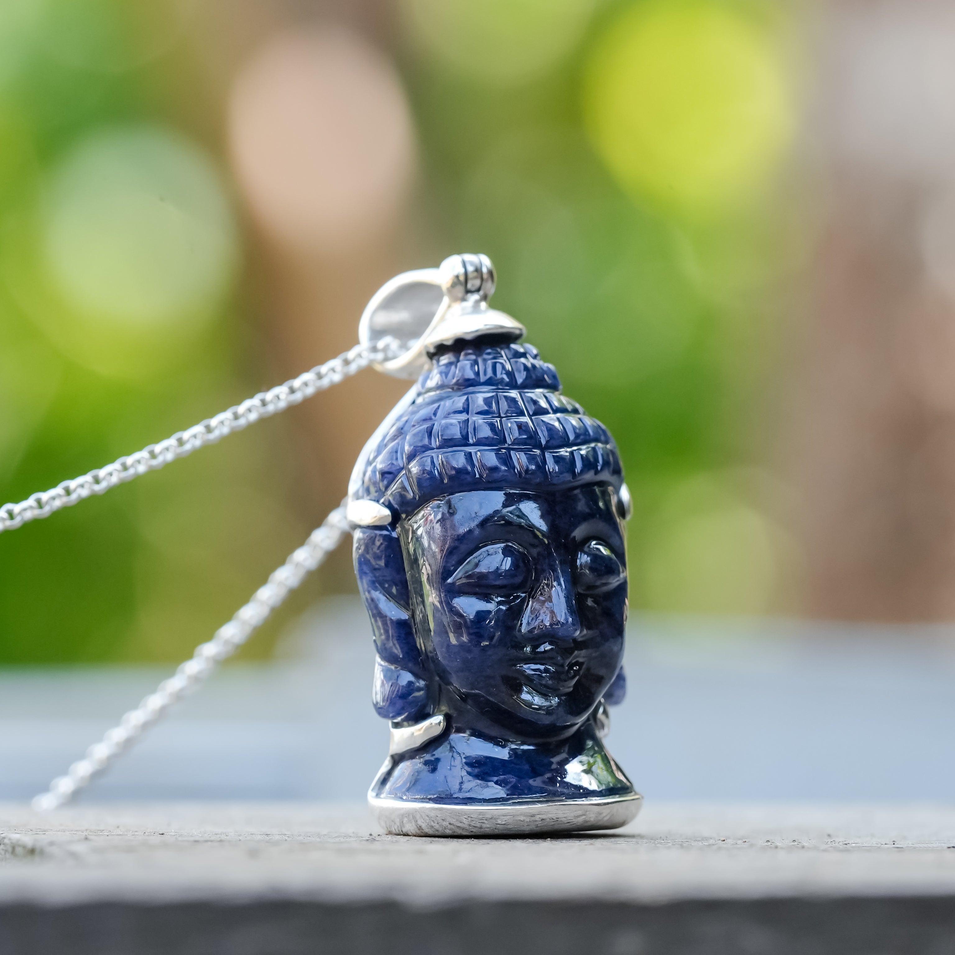 Starborn Carved Gemstone Buddha Head Pendant in Sterling Silver