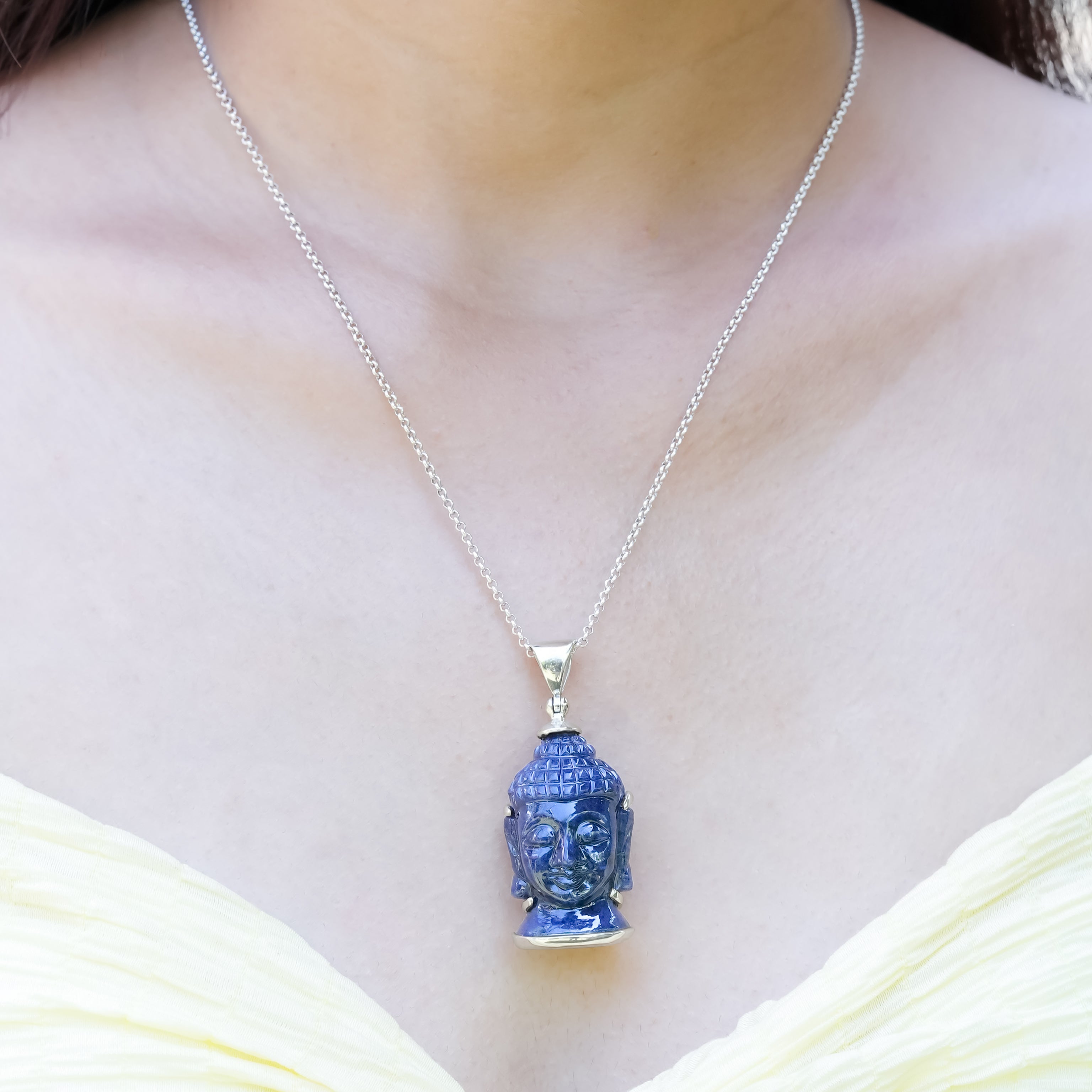 Starborn Carved Gemstone Buddha Head Pendant in Sterling Silver