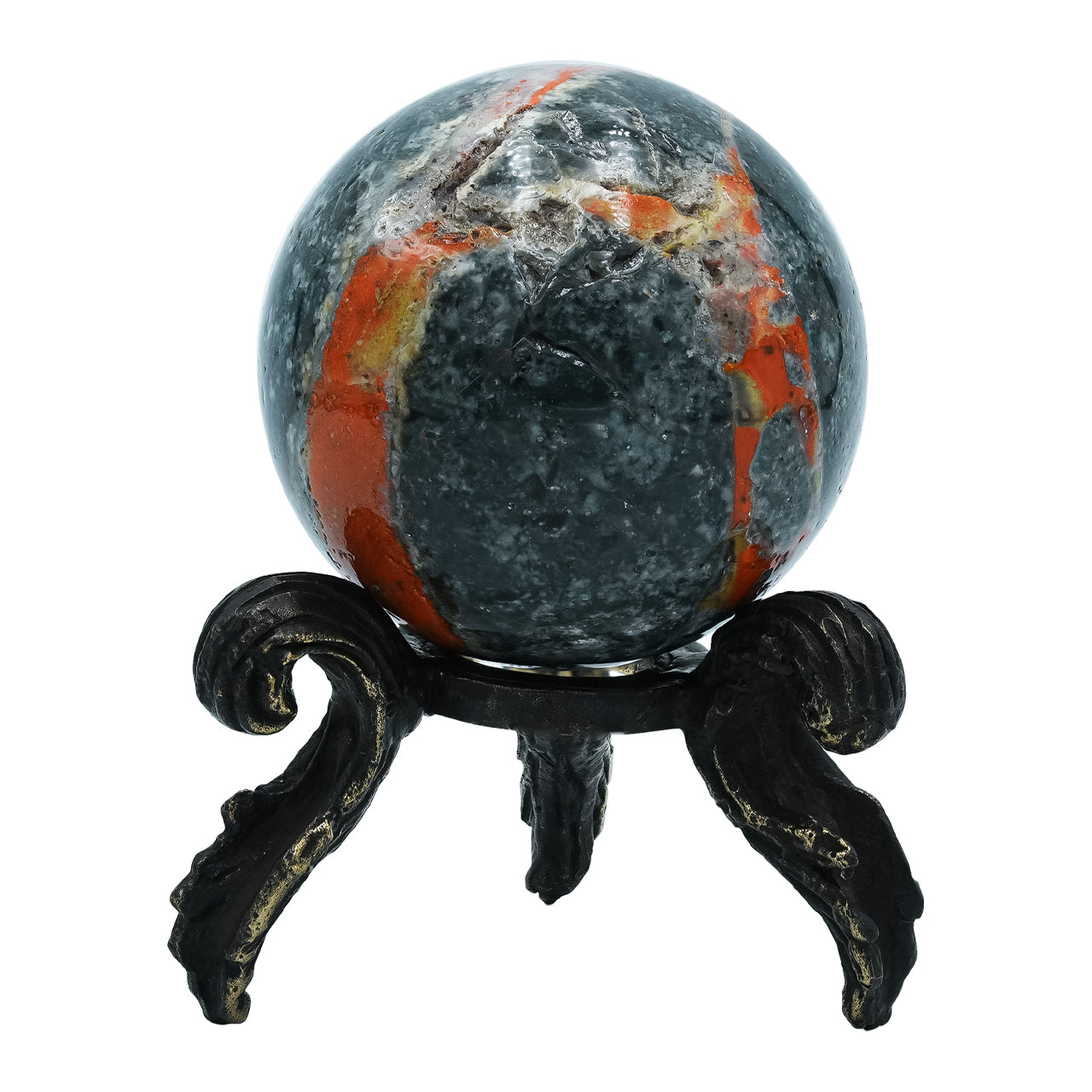 Expositor de esferas de calcedonia de magma Starborn con soporte de latón