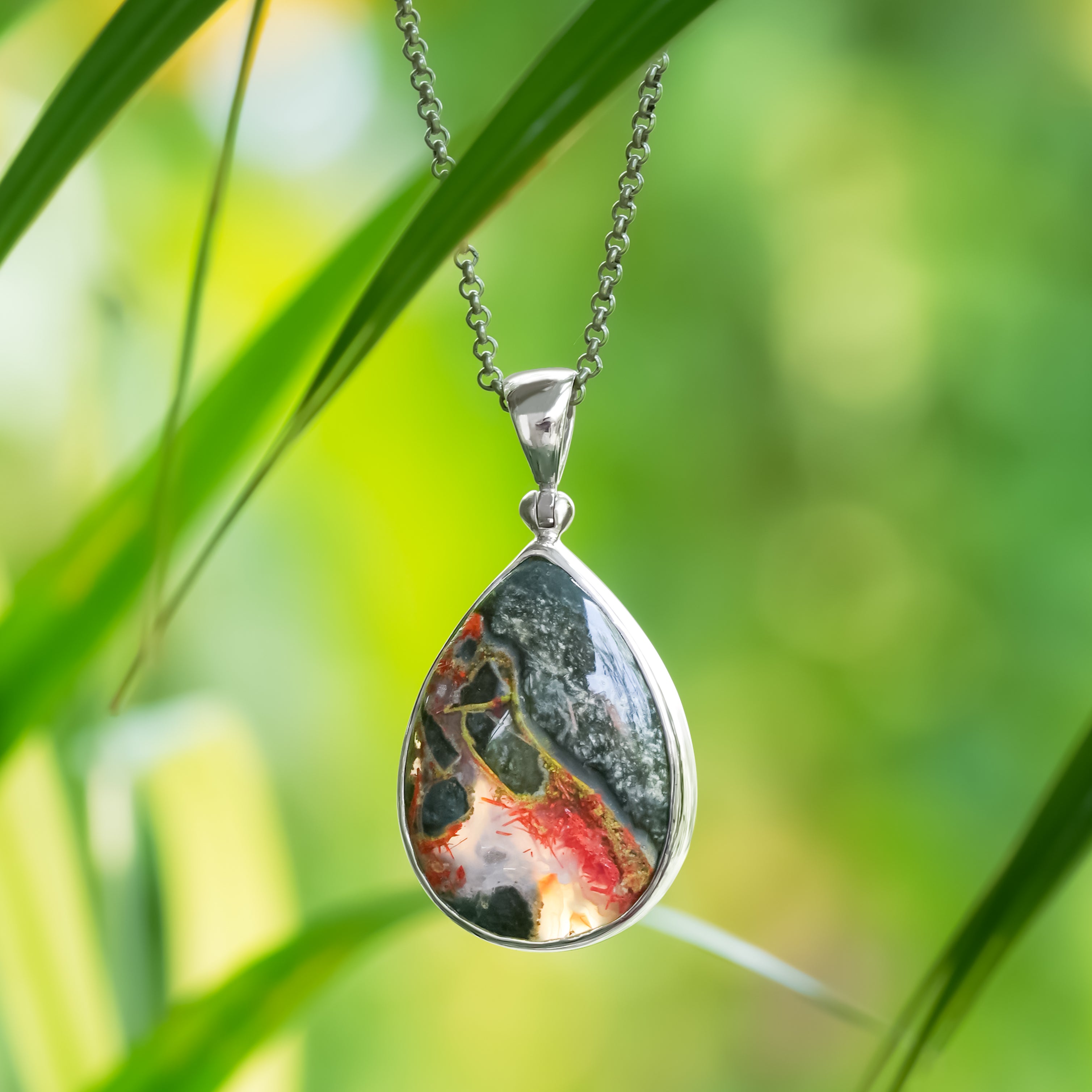 Starborn Pear Shaped Magma Chalcedony Pendant in Fine Sterling Silver