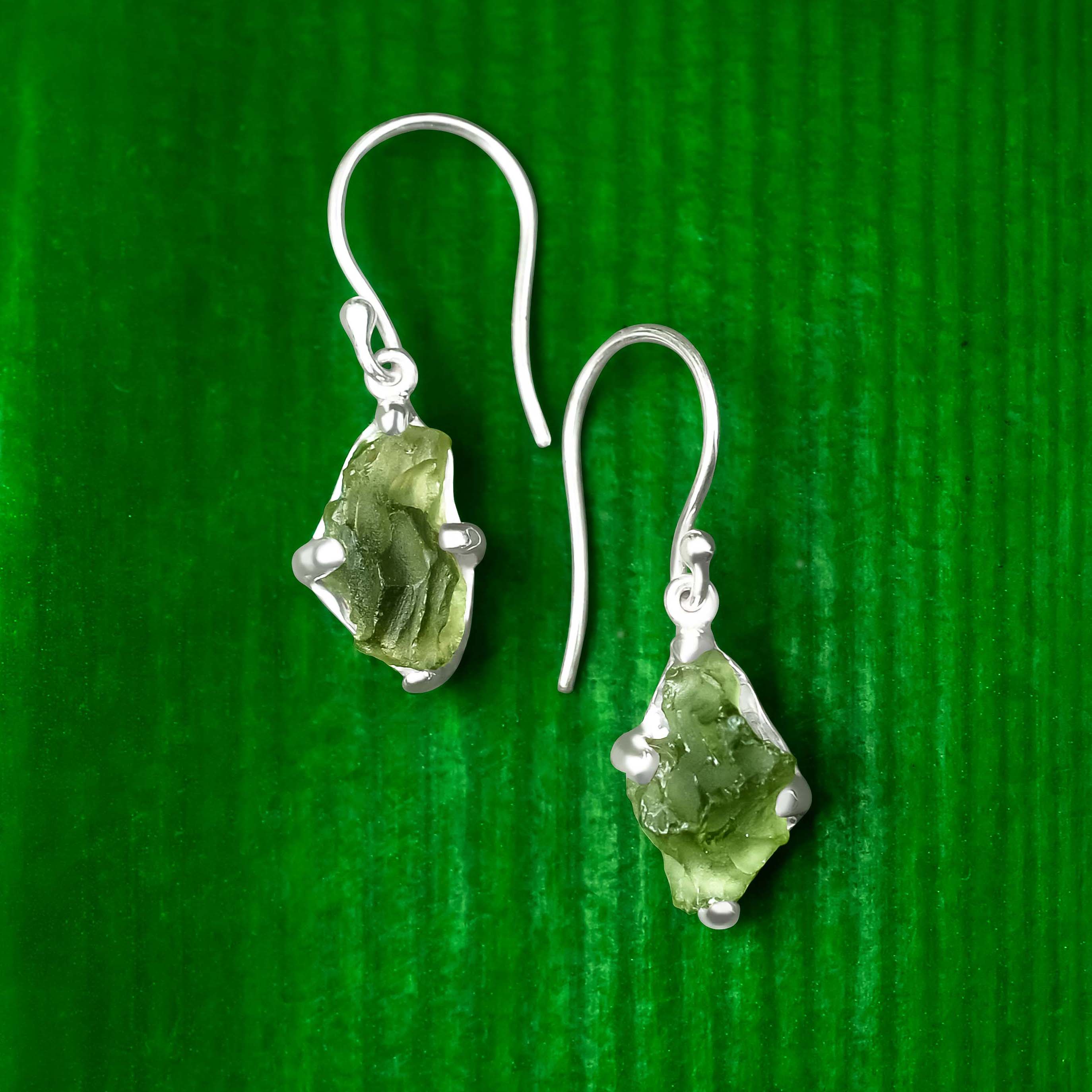 Starborn Rough Moldavite Dangle Earrings in Sterling Silver
