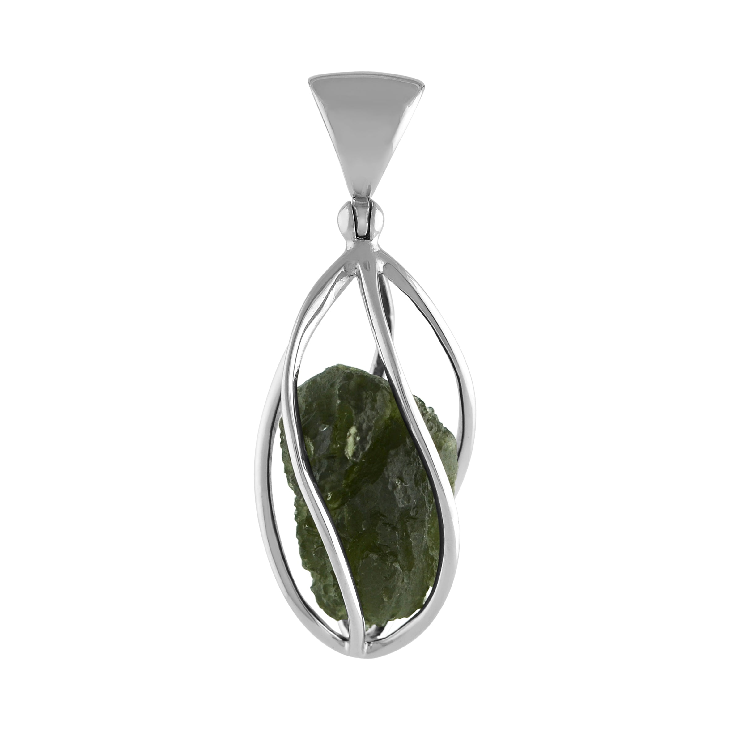 Starborn Natural Moldavite Pendant in Pointed Sterling Silver Spiral Cage