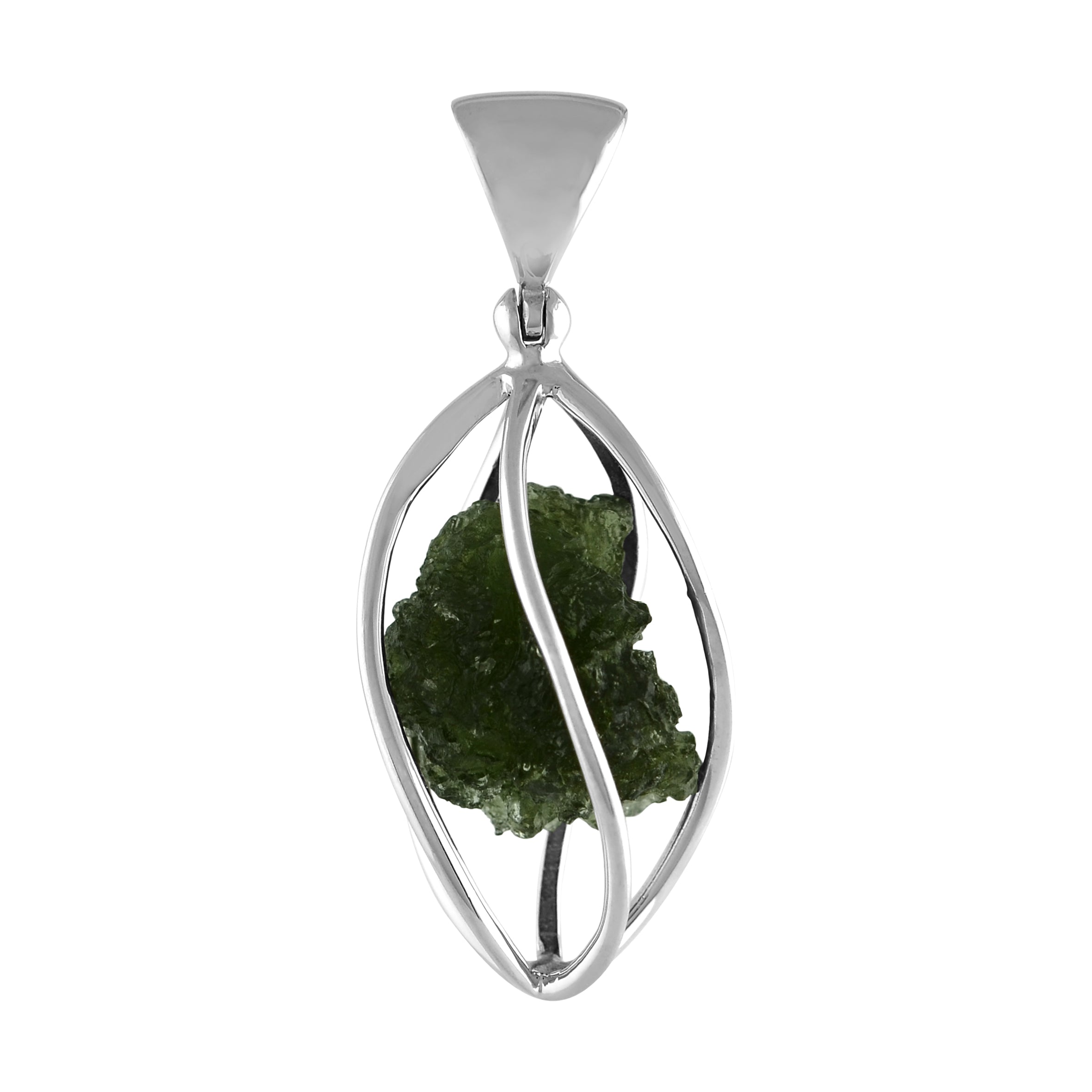Starborn Natural Moldavite Pendant in Pointed Sterling Silver Spiral Cage