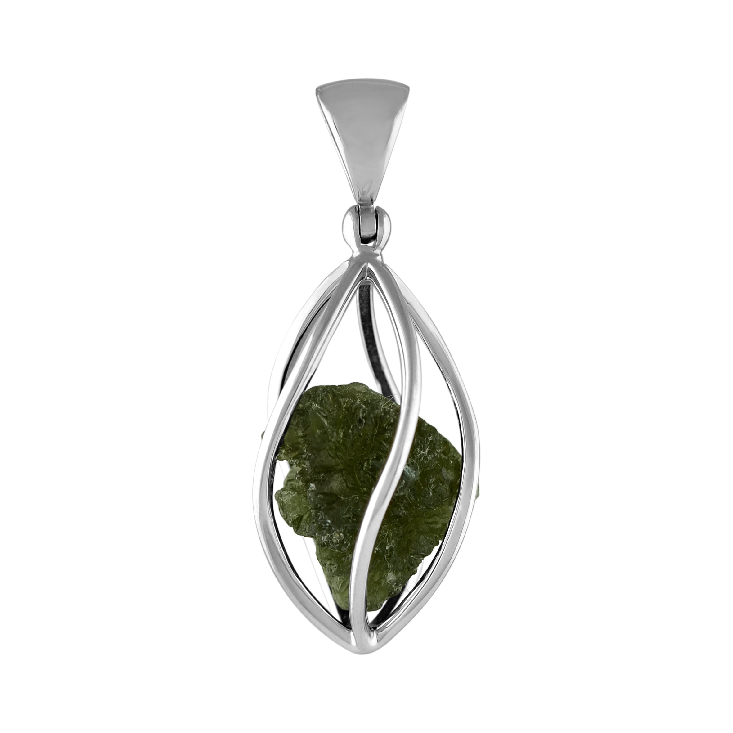 Starborn Natural Moldavite Pendant in Pointed Sterling Silver Spiral Cage