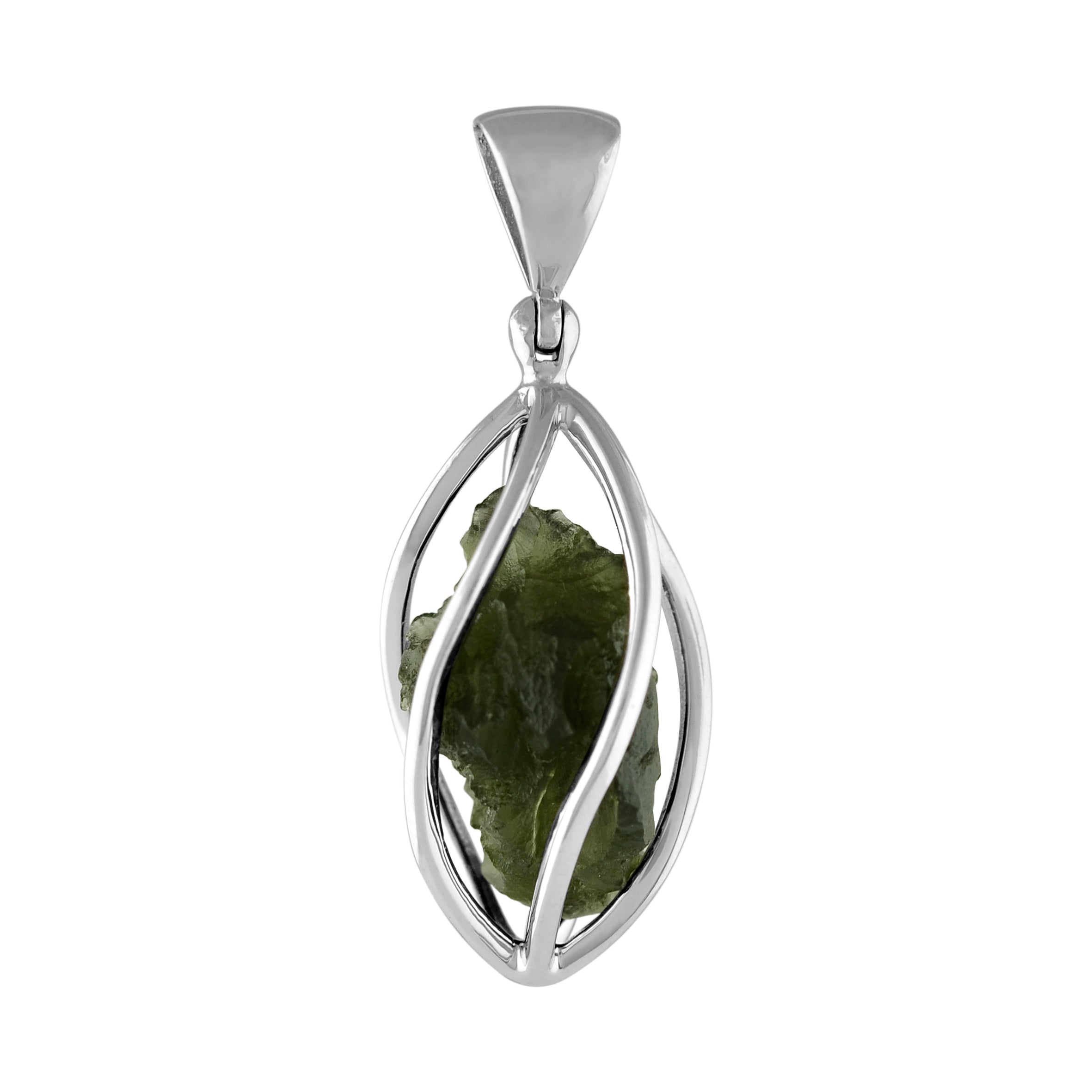 Starborn Natural Moldavite Pendant in Pointed Sterling Silver Spiral Cage