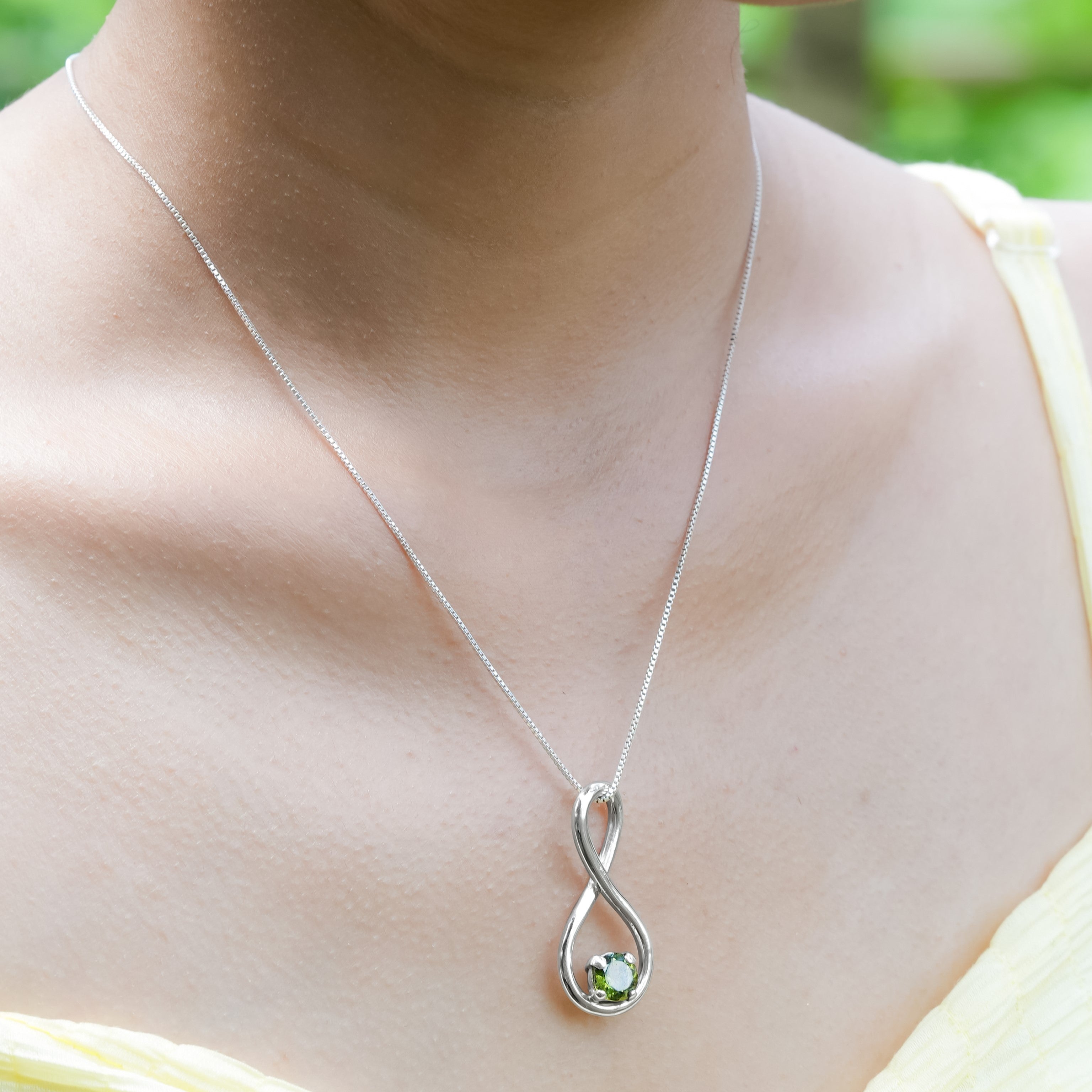 Starborn Faceted Moldavite Infinity Pendant in Sterling Silver