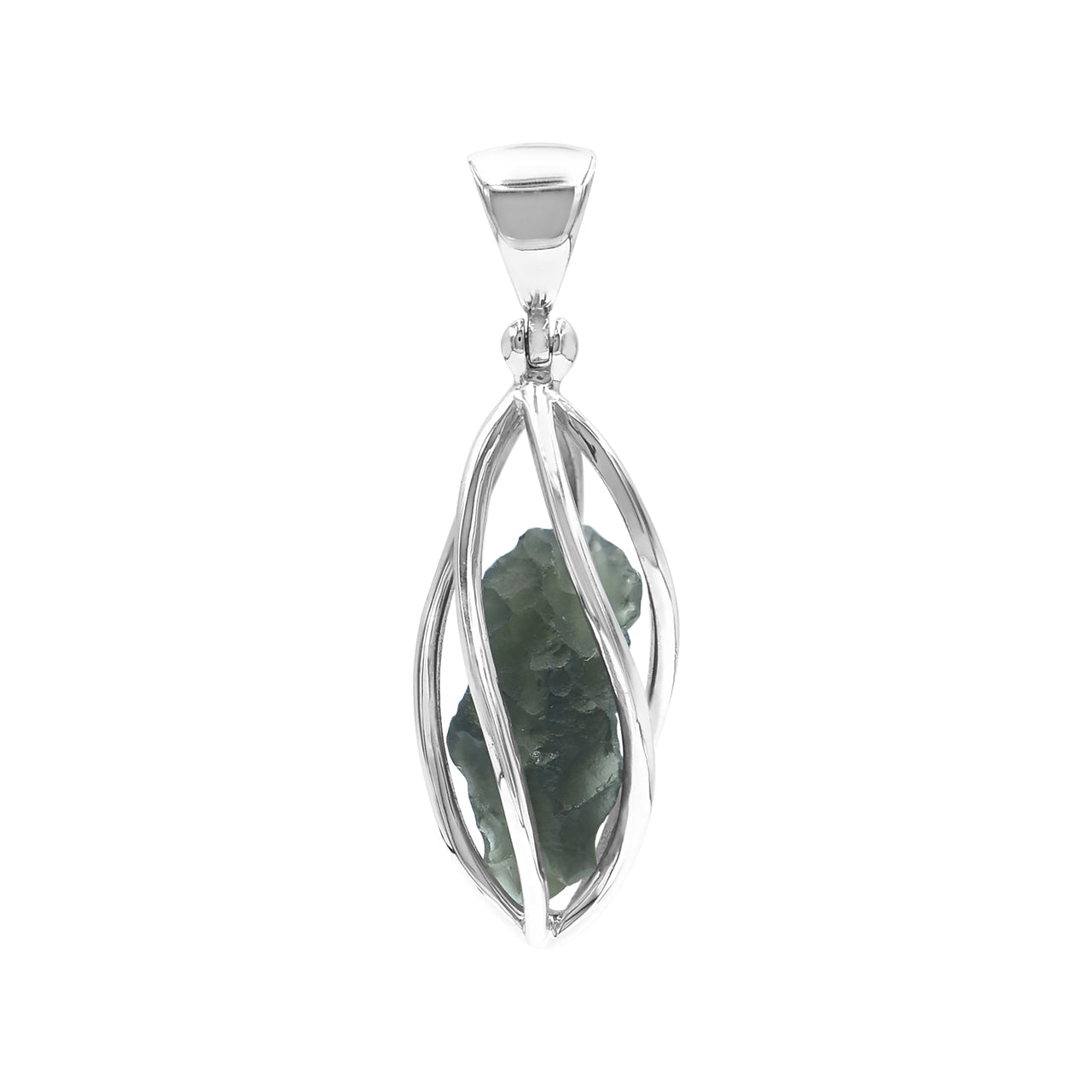 Starborn Natural Moldavite Pendant in Rounded Sterling Silver Spiral Cage