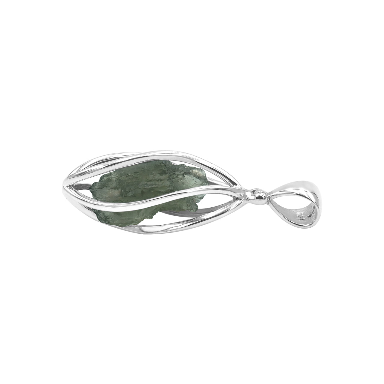 Starborn Natural Moldavite Pendant in Rounded Sterling Silver Spiral Cage