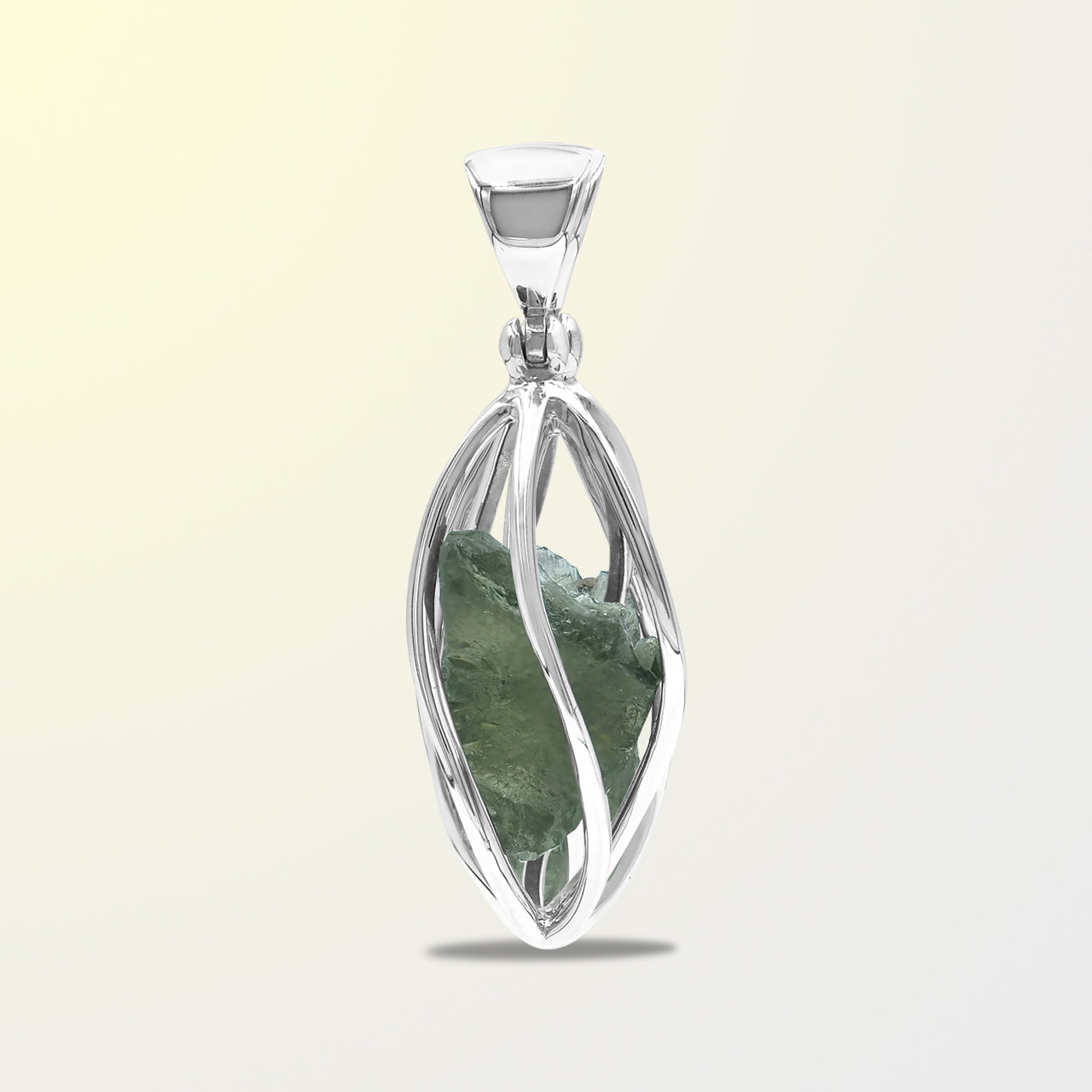 Starborn Natural Moldavite Pendant in Rounded Sterling Silver Spiral Cage