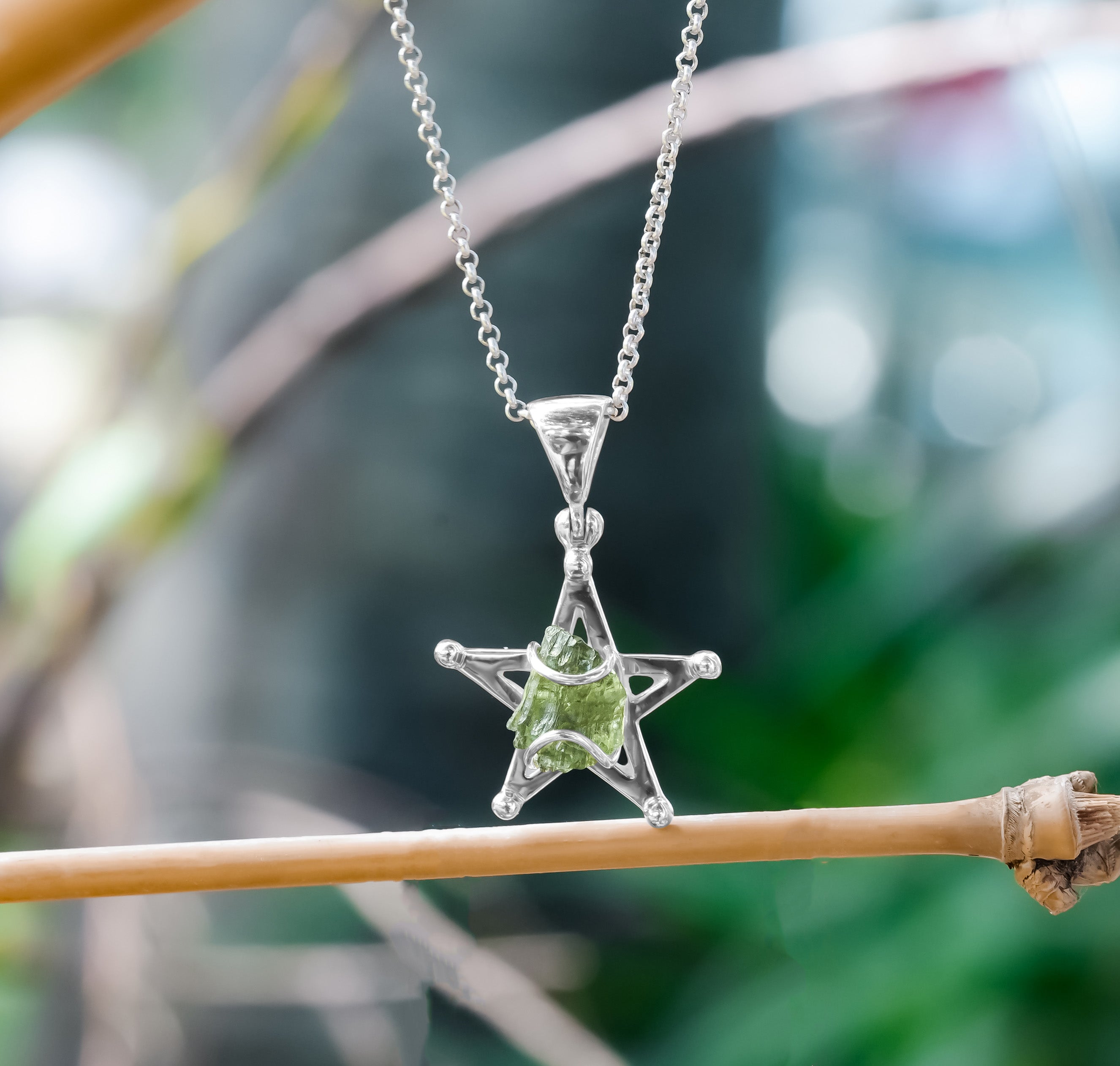Sterling Silver Genuine Moldavite 5 Star Pendant