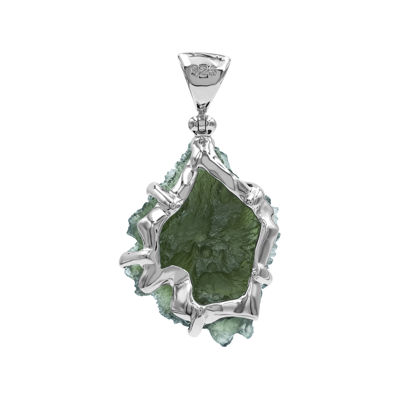 Colgante de moldavita natural de plata de ley de 40 quilates