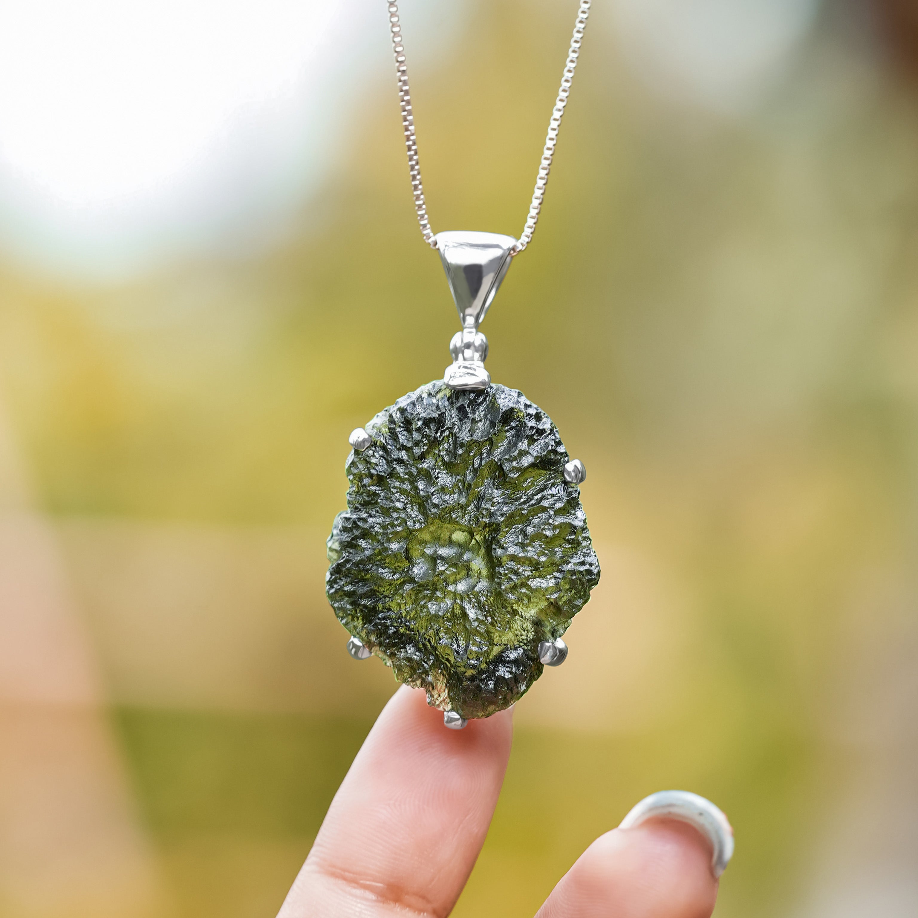 Starborn Natural Rough Moldavite Prong Set Pendant in Sterling Silver (30-39ct)