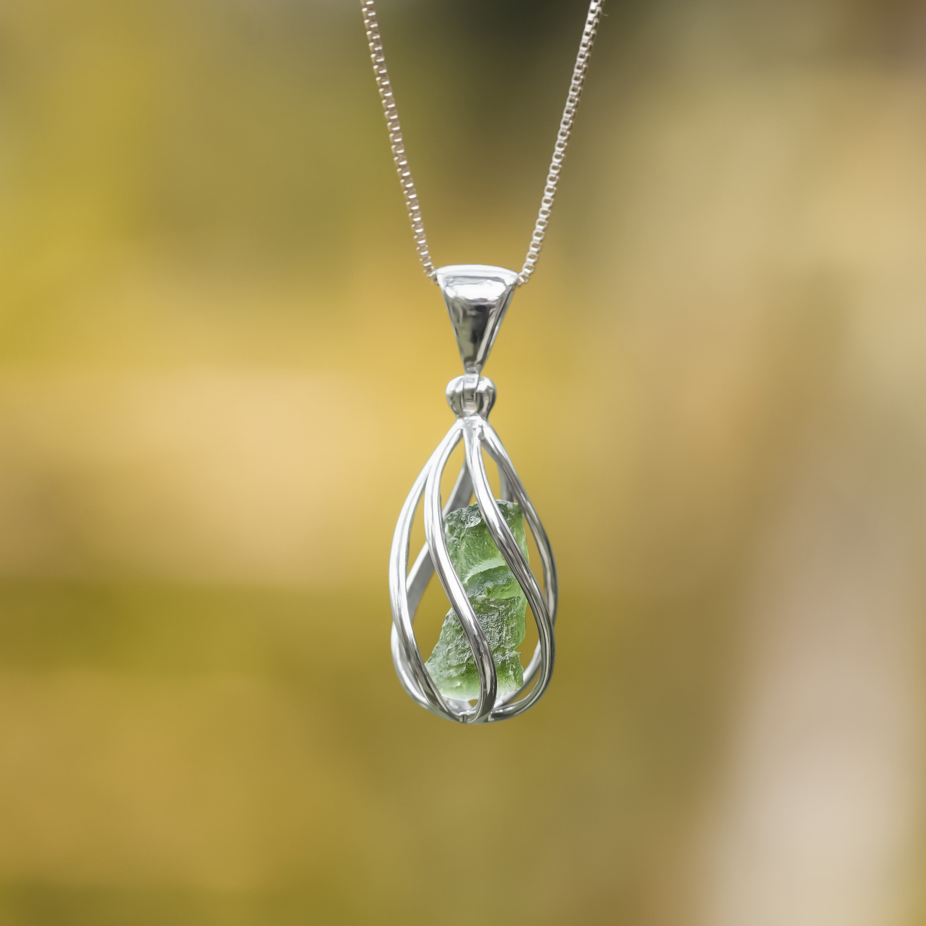 Natural Moldavite Pendant in Sterling Silver Cage