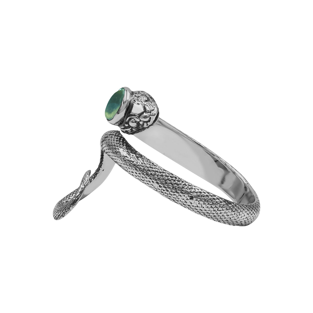 Starborn Coiled Snake Ring with Faceted Moldavite in Sterling Silver
