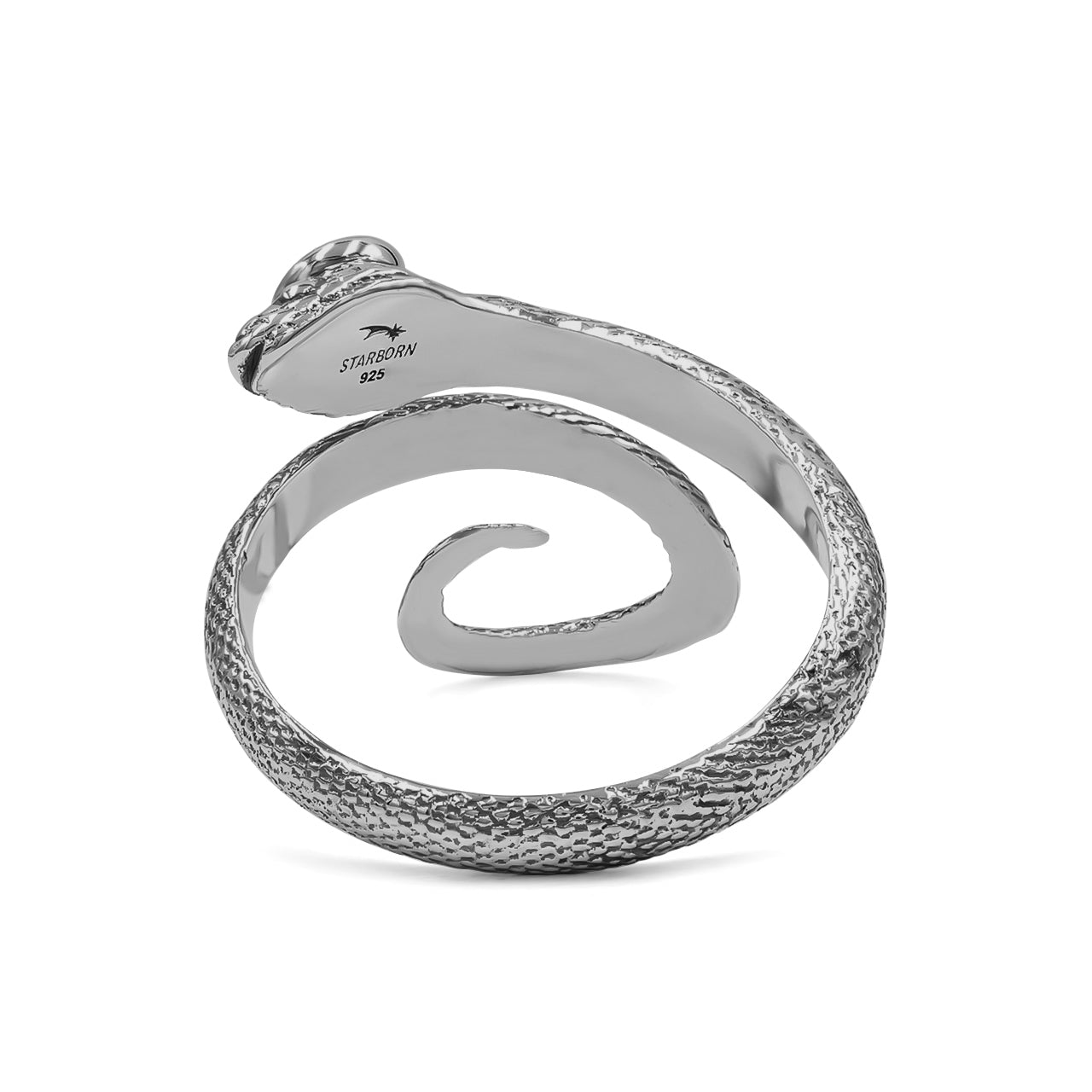 Starborn – Spiralförmiger Schlangenring mit facettiertem Moldavit in Sterlingsilber