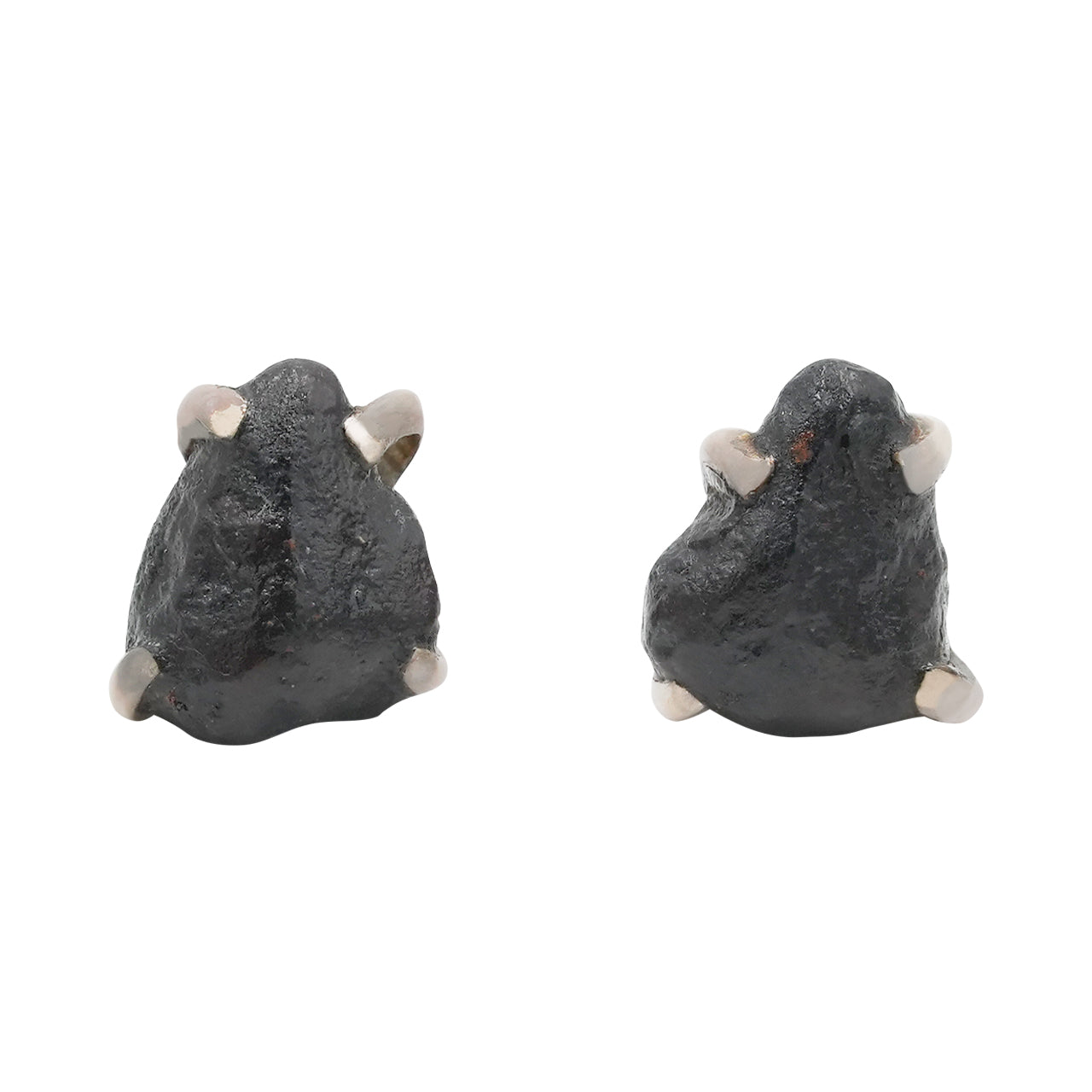 Alternate front view of sterling silver post earrings featuring rough Agoudal iron meteorites in prong settings, showing the natural textured surface