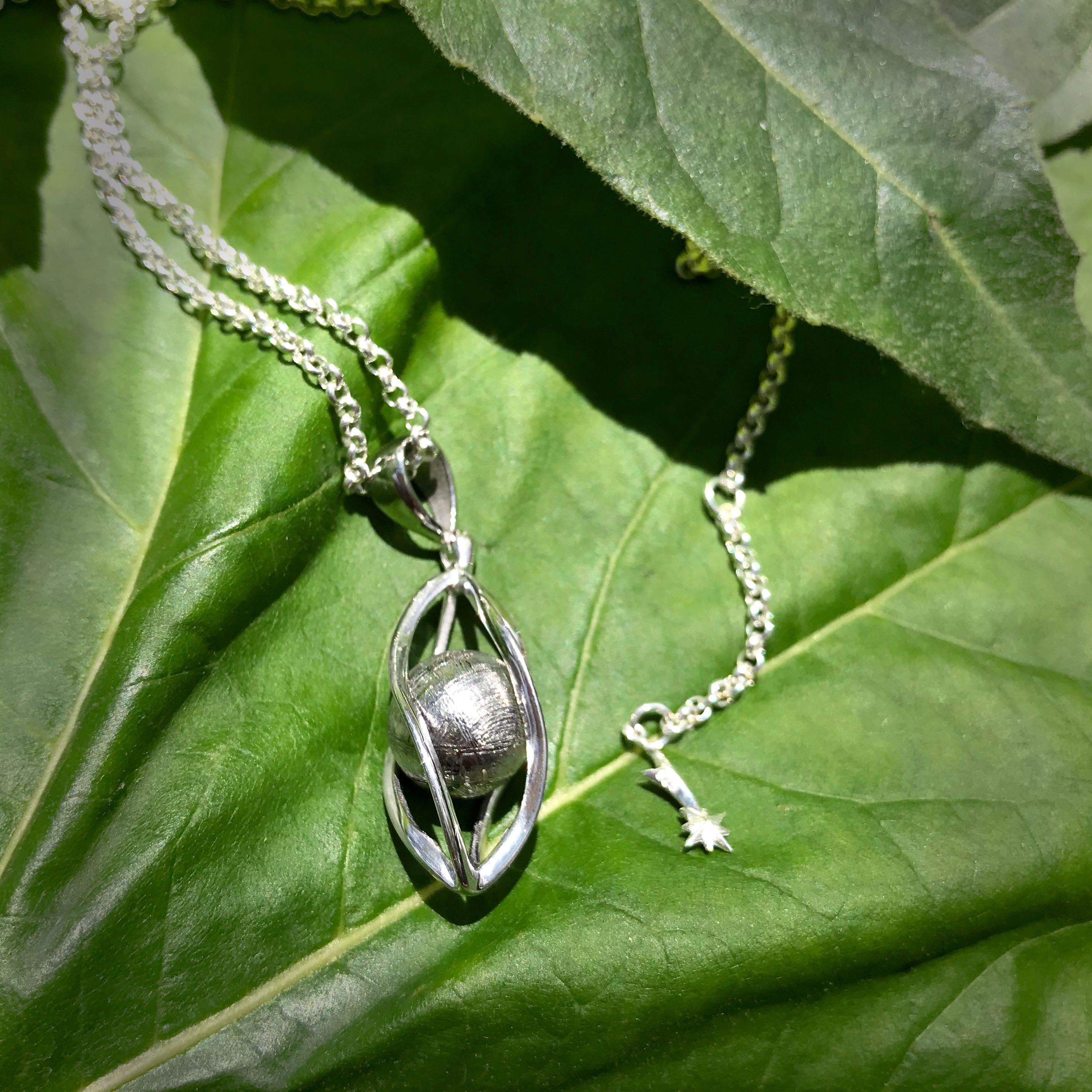 Genuine Muonionalusta Meteorite Sphere Cage Set Pendant in Sterling Silver