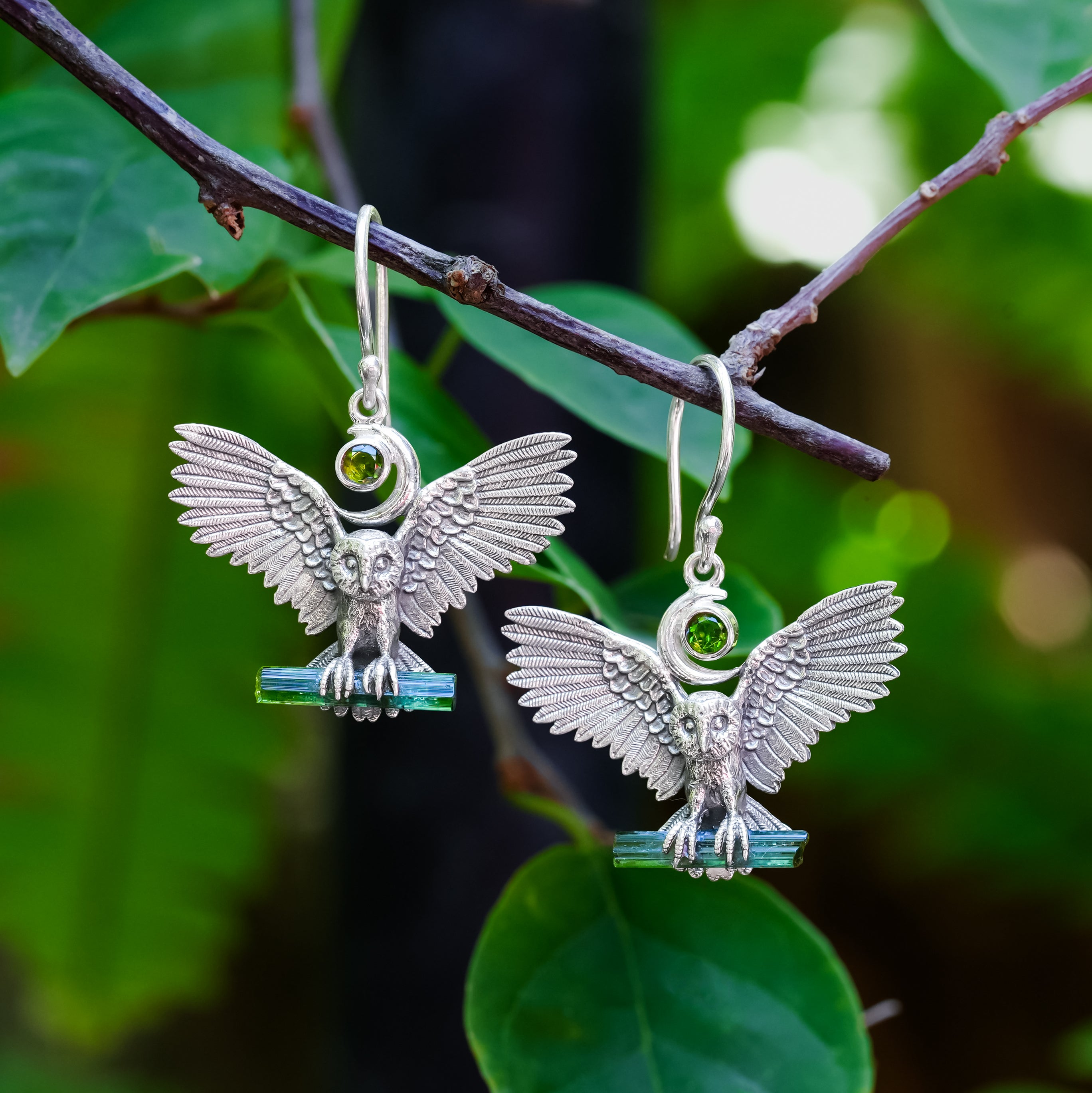 Starborn Green Tourmaline & Chrome Diopside in Sterling Silver Owl Dangle Earrings