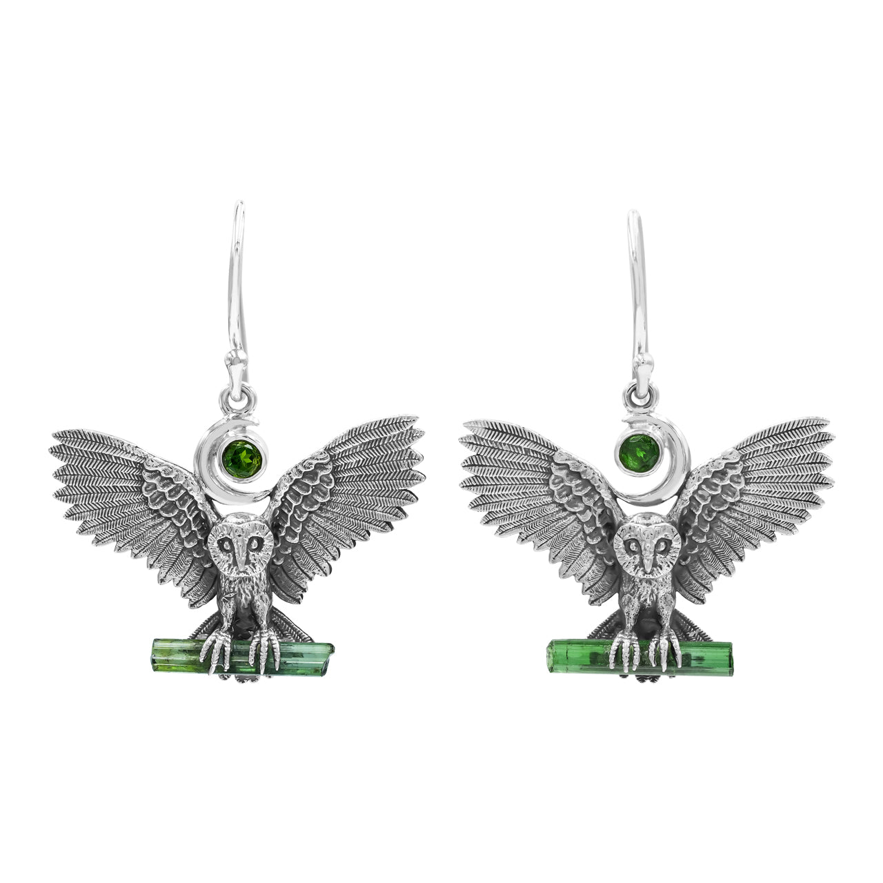 Starborn Green Tourmaline & Chrome Diopside in Sterling Silver Owl Dangle Earrings