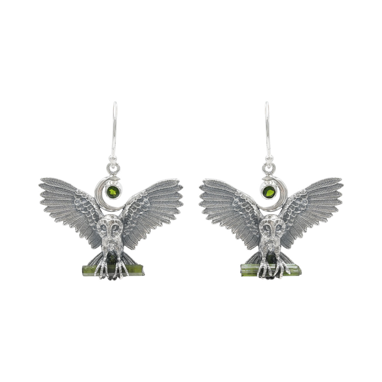 Starborn Green Tourmaline and Chrome Diopside Owl Dangle Earrings in Sterling Silver