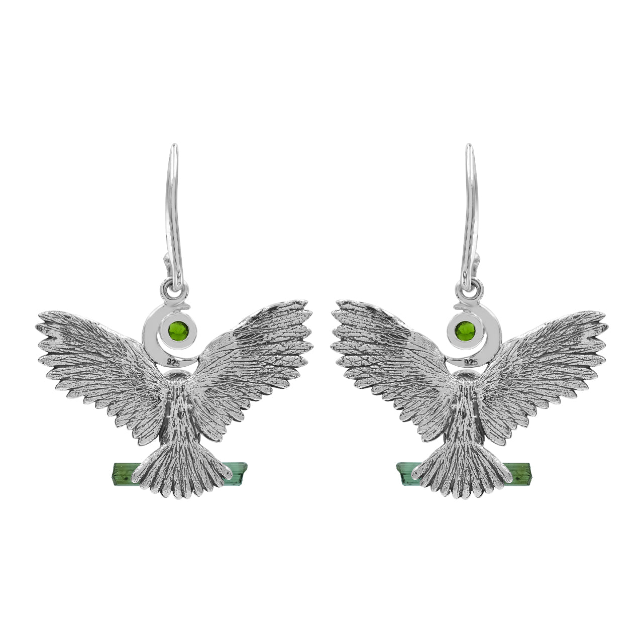 Starborn Green Tourmaline & Chrome Diopside in Sterling Silver Owl Dangle Earrings