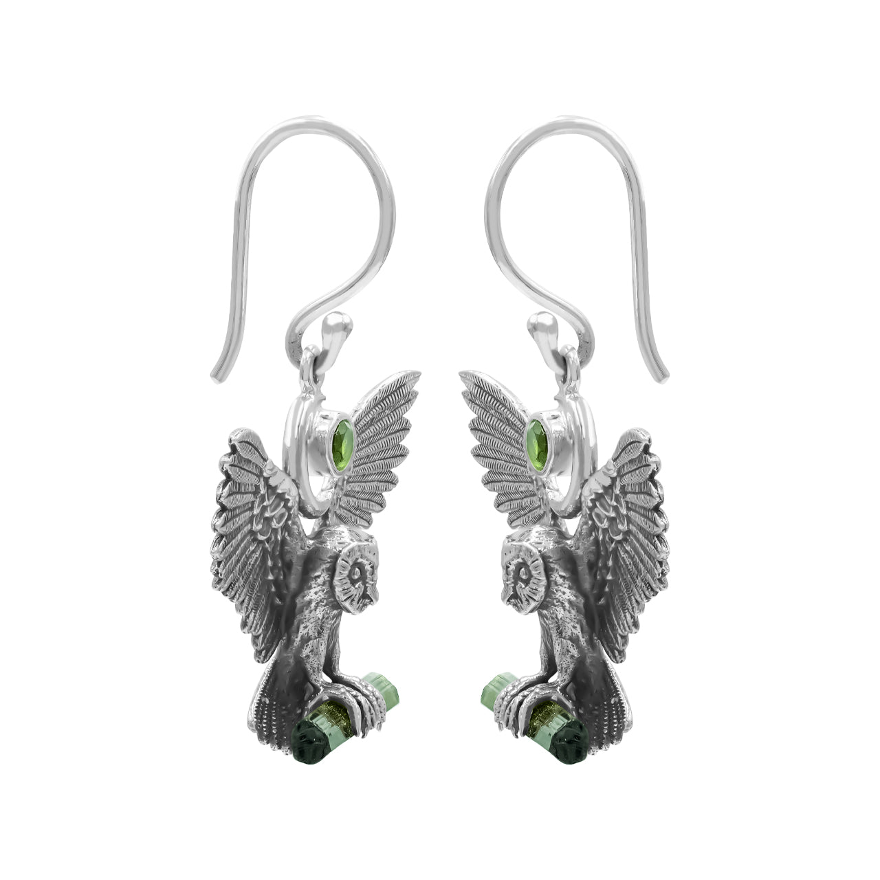 Starborn Green Tourmaline & Chrome Diopside in Sterling Silver Owl Dangle Earrings
